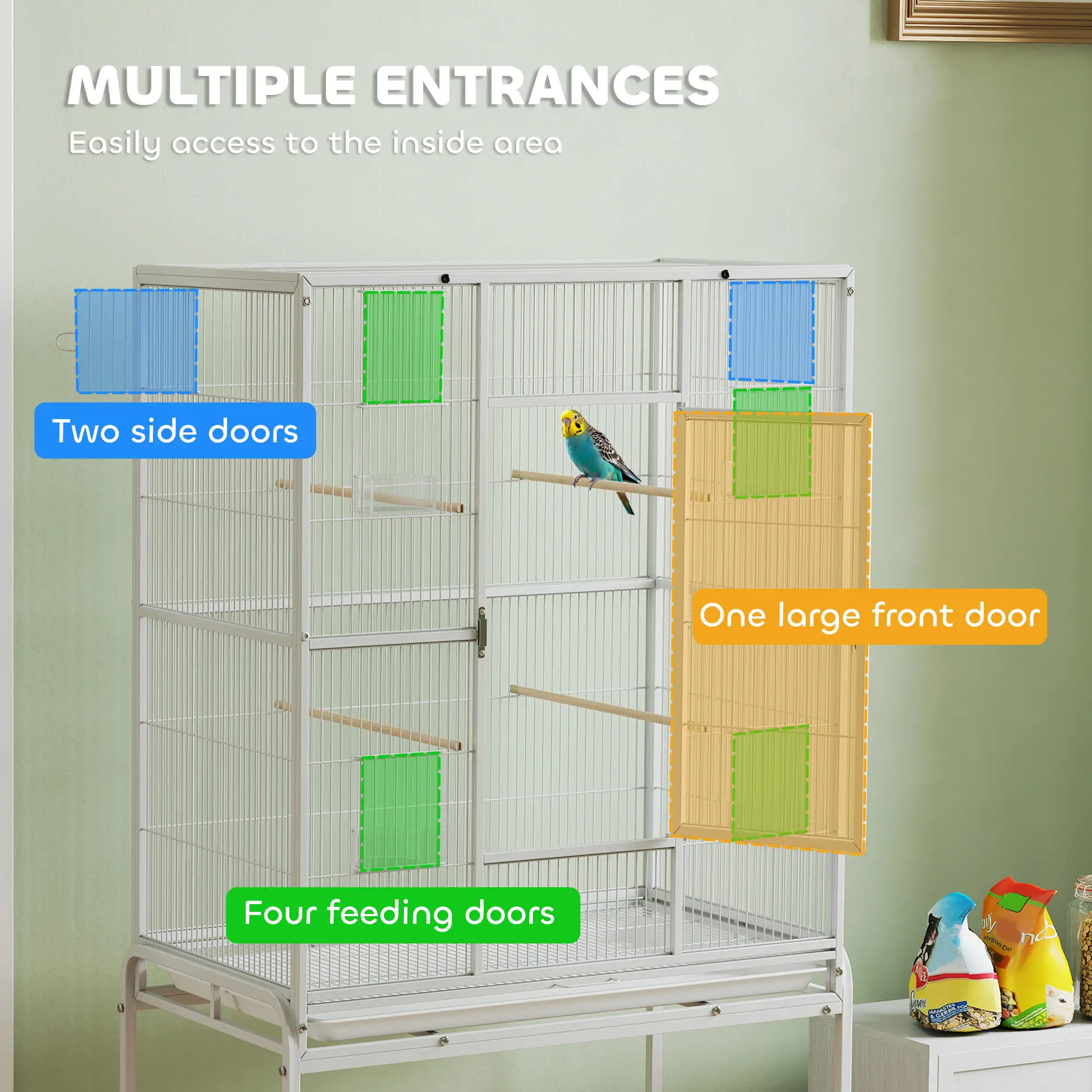 64" Large Rolling Bird Cage With Stand, Shelf, Perch, Food Container, White - Image 5