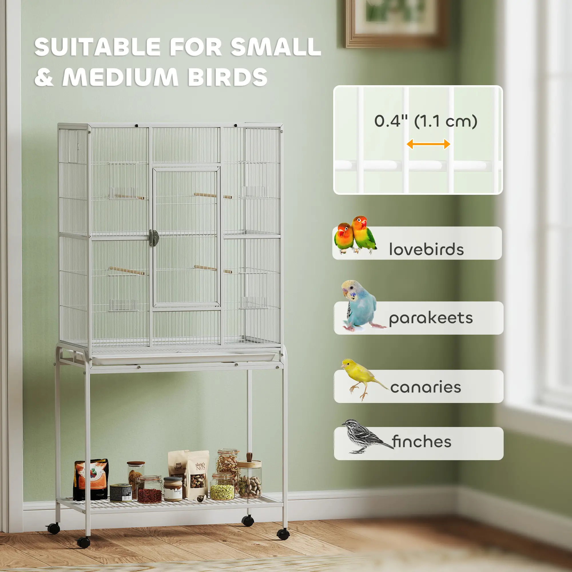 64" Large Rolling Bird Cage With Stand, Shelf, Perch, Food Container, White - Image 7