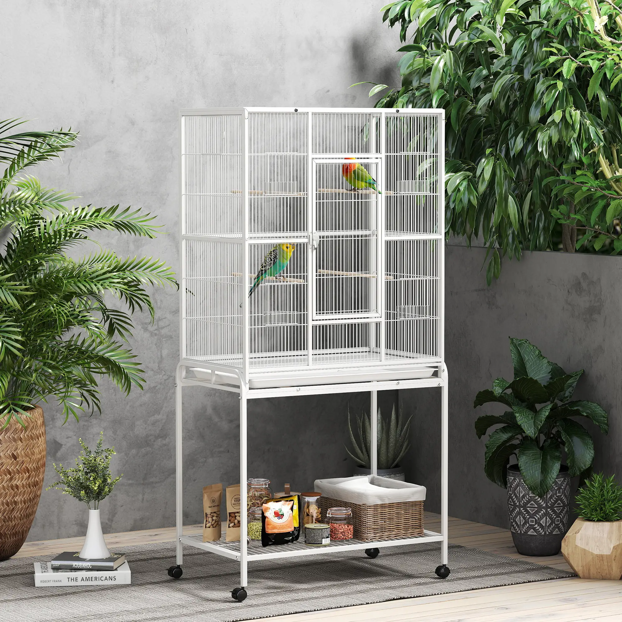 64" Large Rolling Bird Cage With Stand, Shelf, Perch, Food Container, White - Image 8