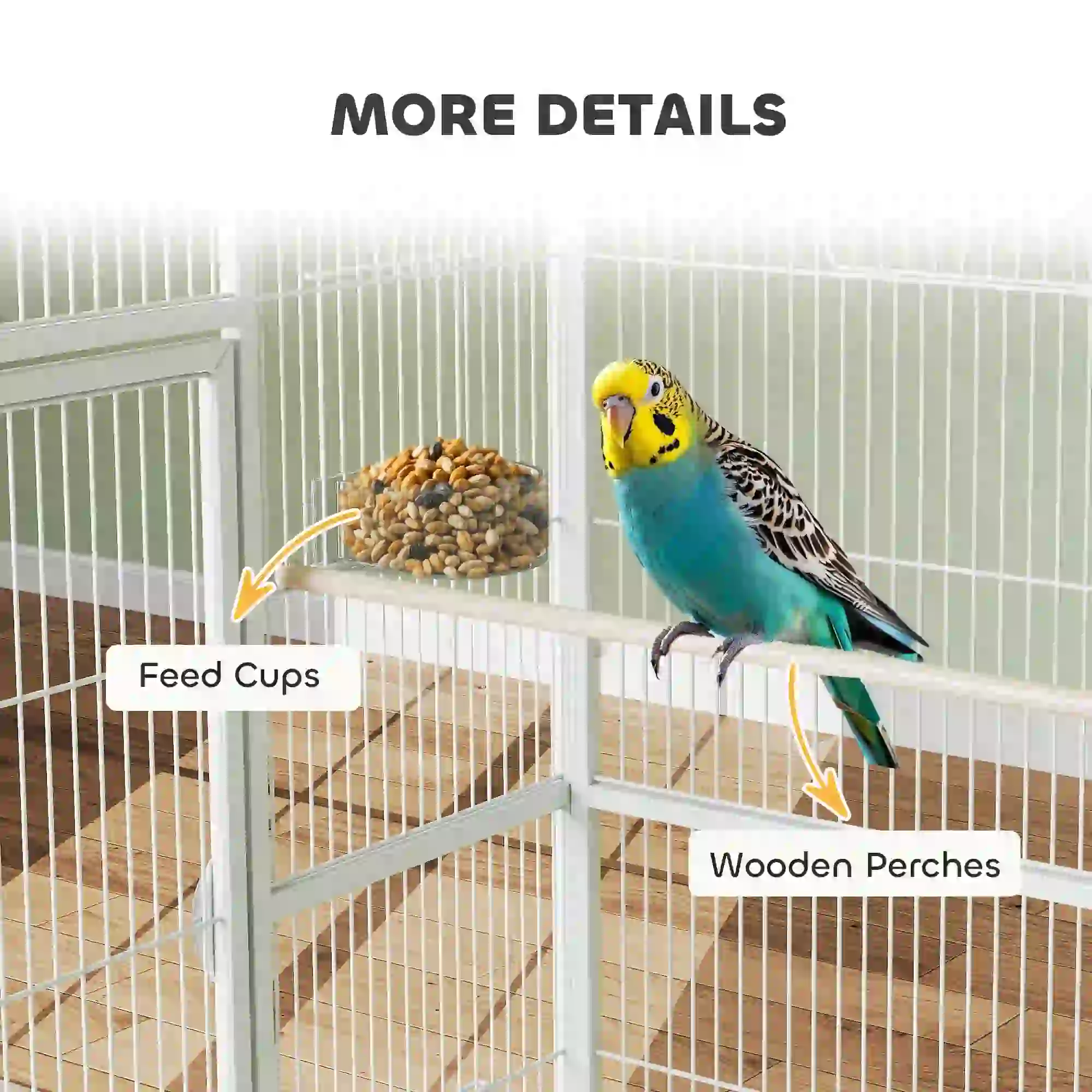 64" Large Rolling Bird Cage With Stand, Shelf, Perch, Food Container, White - Image 9