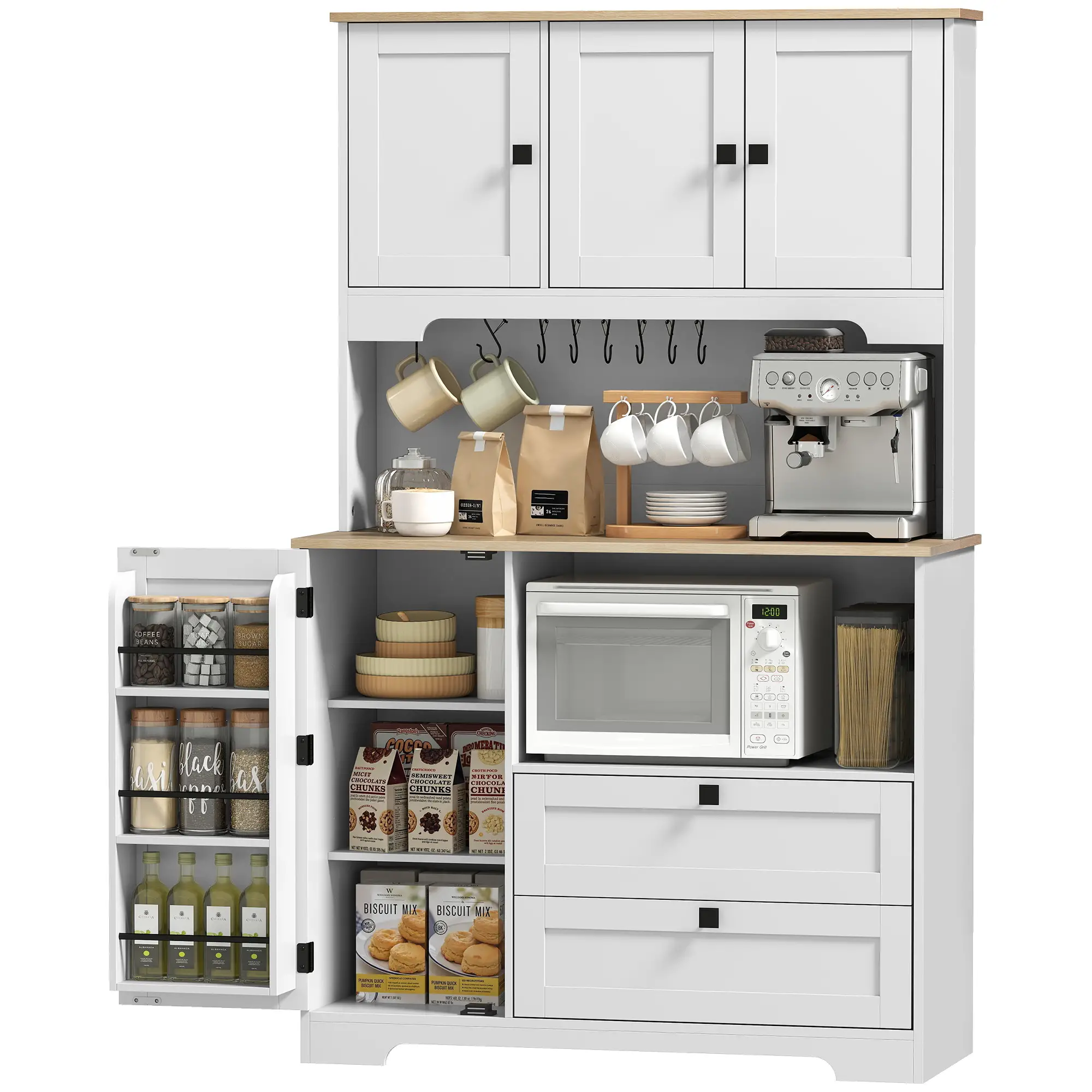 64" Tall Kitchen Pantry Cabinet, 3 Cabinets, 2 Drawers, White