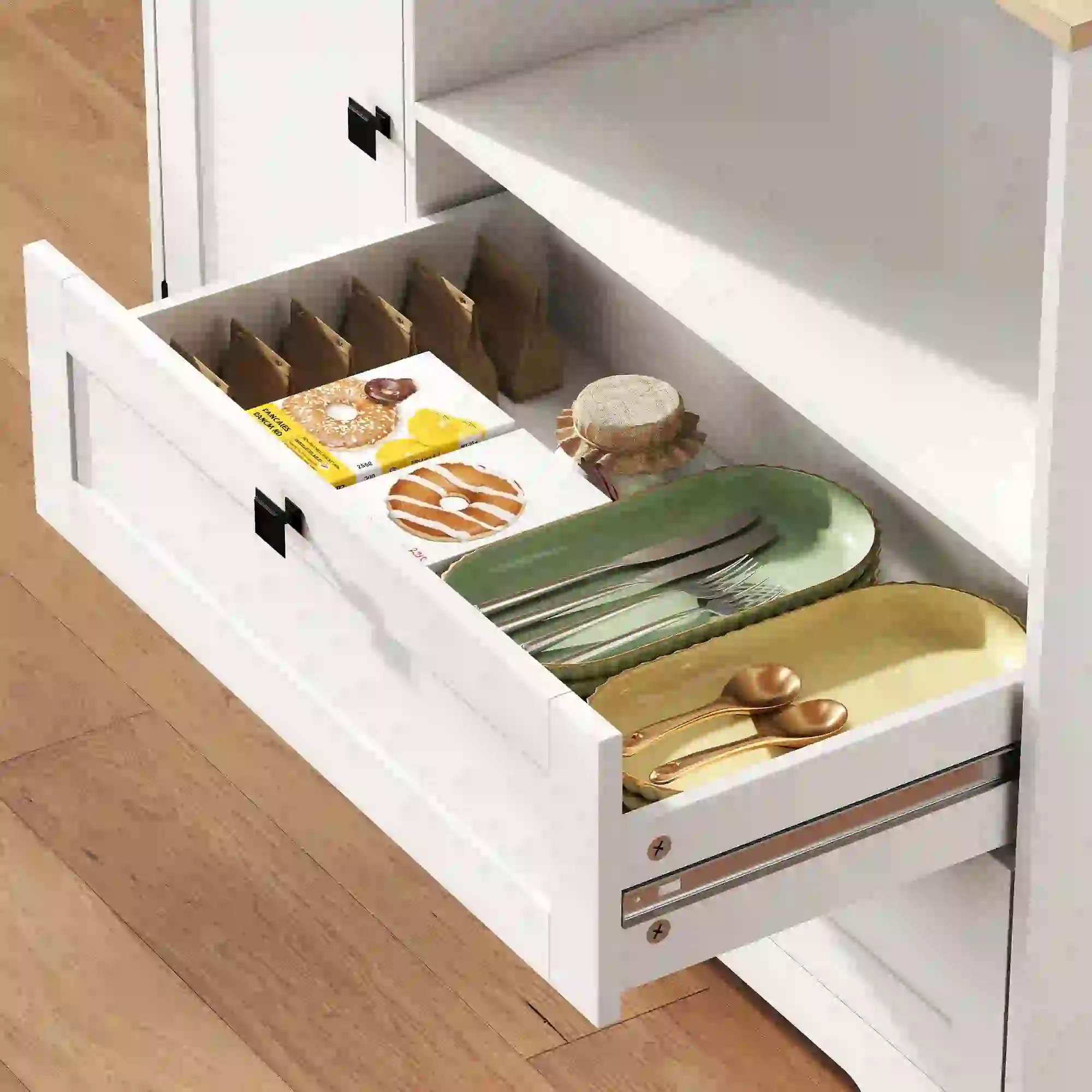 64" Tall Kitchen Pantry Cabinet, 3 Cabinets, 2 Drawers, White - Image 10