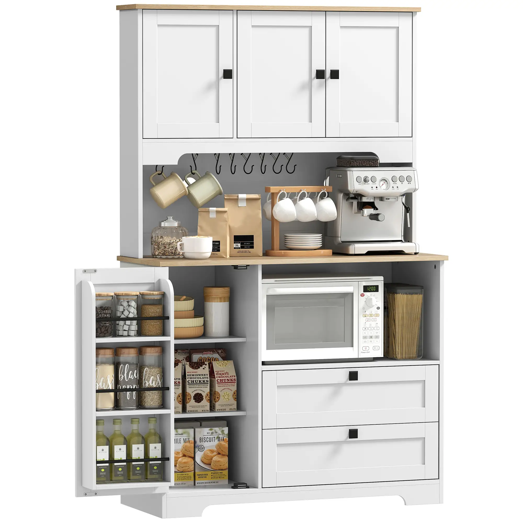 64" Tall Kitchen Pantry Cabinet, 3 Cabinets, 2 Drawers, White - Image 11