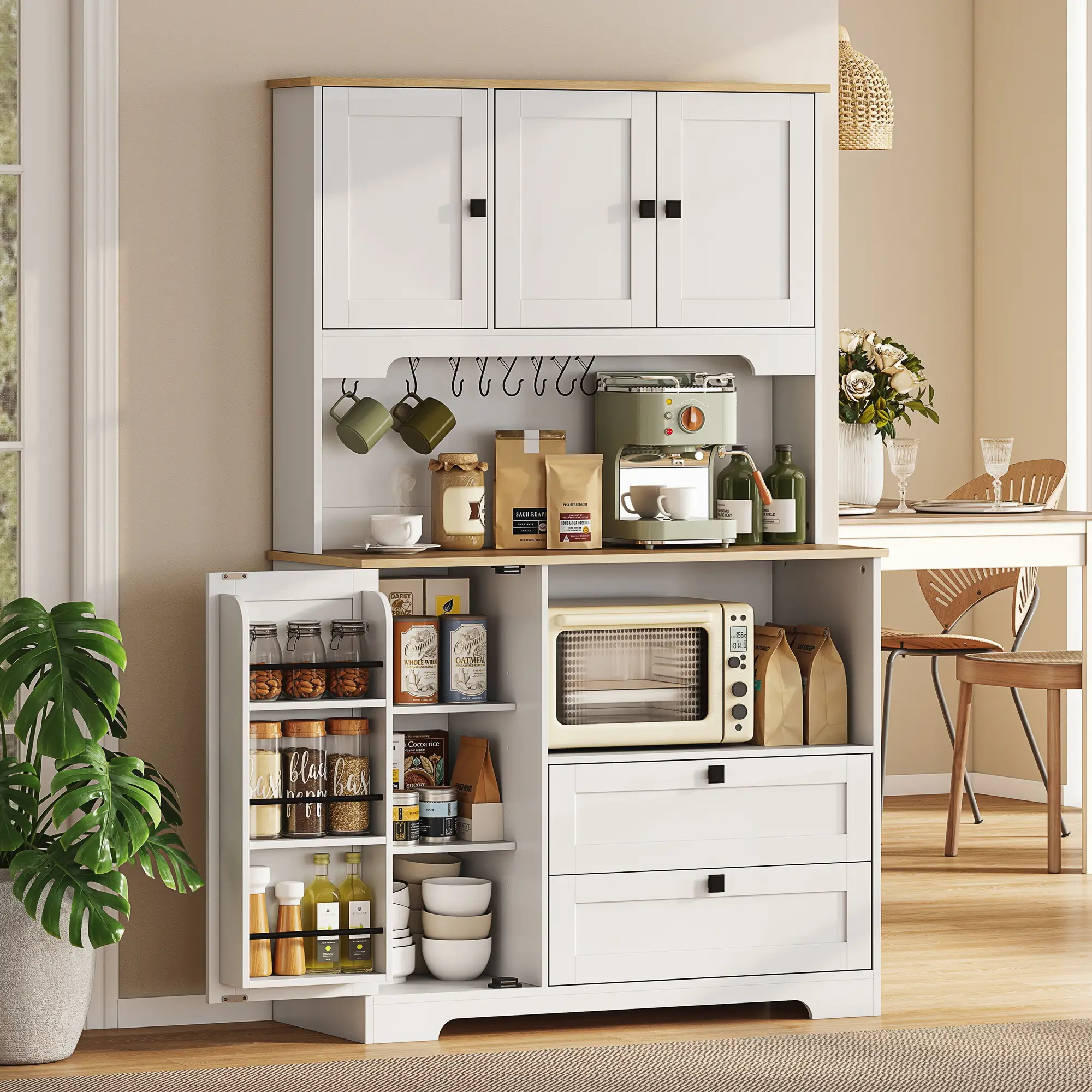 64" Tall Kitchen Pantry Cabinet, 3 Cabinets, 2 Drawers, White - Image 2