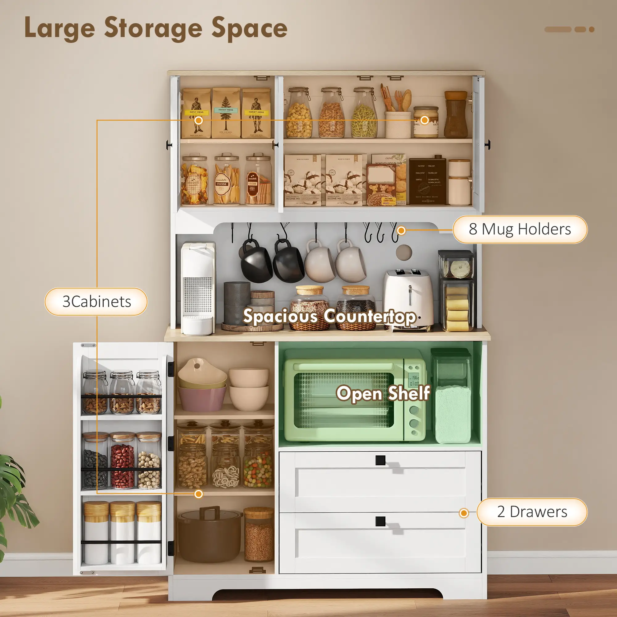 64" Tall Kitchen Pantry Cabinet, 3 Cabinets, 2 Drawers, White - Image 4