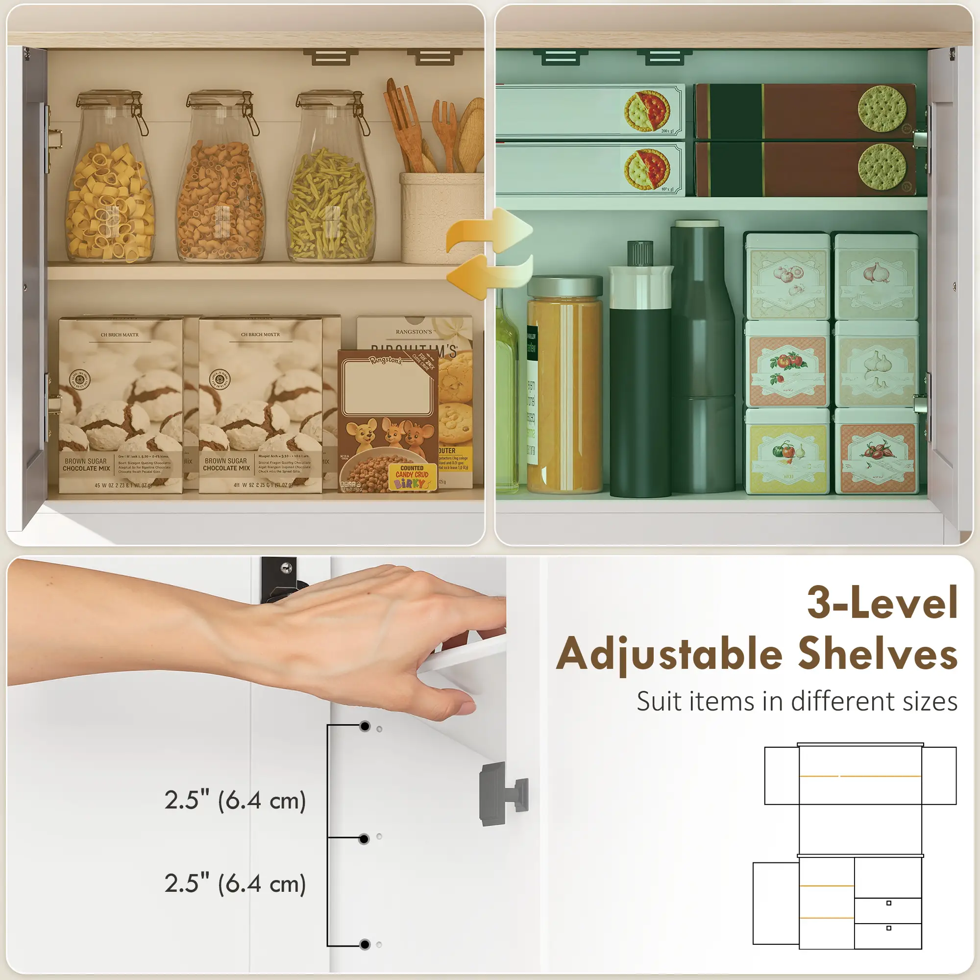 64" Tall Kitchen Pantry Cabinet, 3 Cabinets, 2 Drawers, White - Image 5