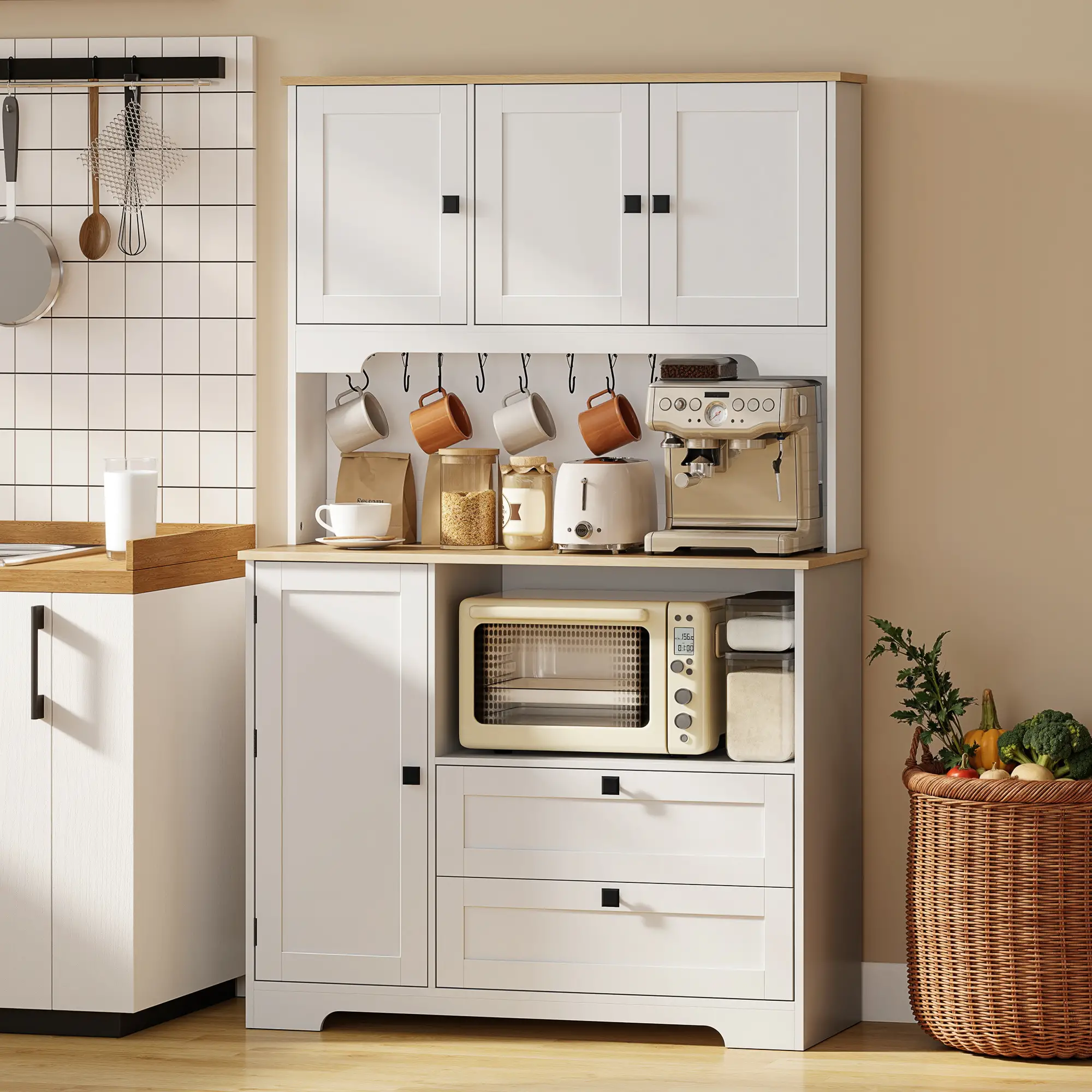64" Tall Kitchen Pantry Cabinet, 3 Cabinets, 2 Drawers, White - Image 8