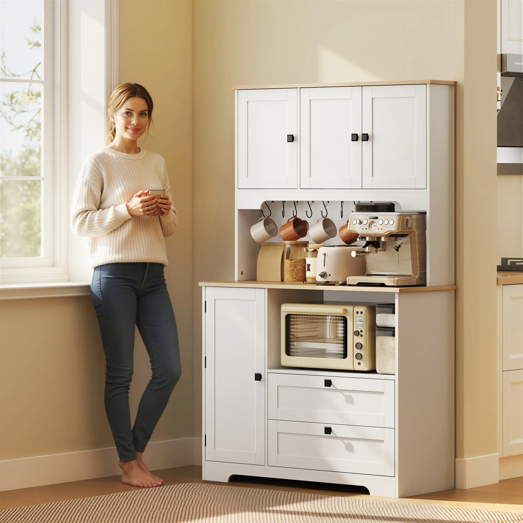 64" Tall Kitchen Pantry Cabinet, 3 Cabinets, 2 Drawers, White - Image 9