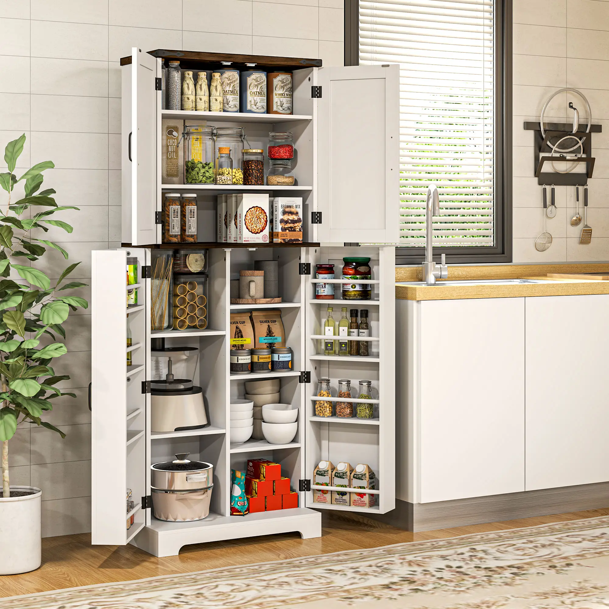 64" Tall Kitchen Pantry Cabinet, Adjustable Shelves, White - Image 2