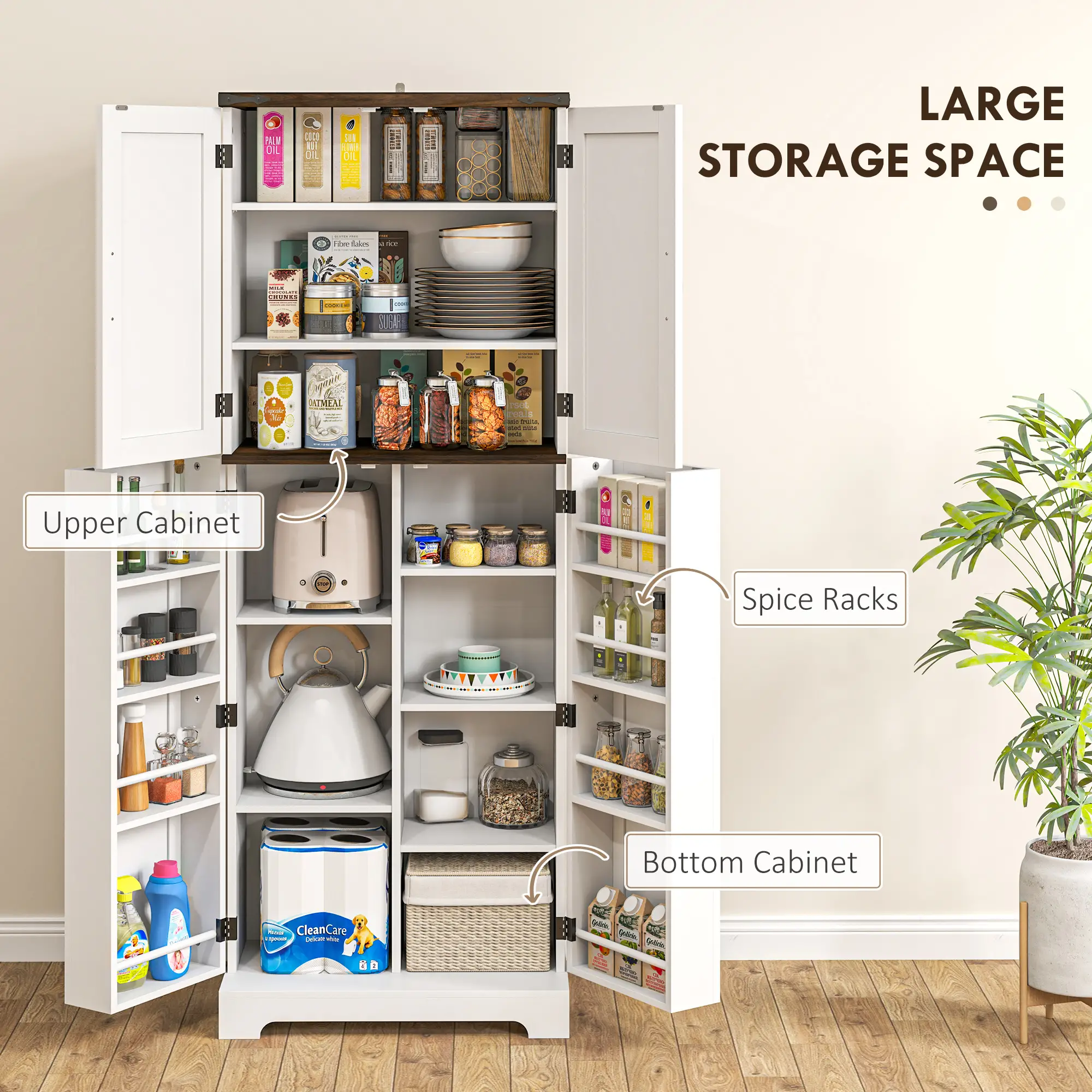64" Tall Kitchen Pantry Cabinet, Adjustable Shelves, White - Image 4