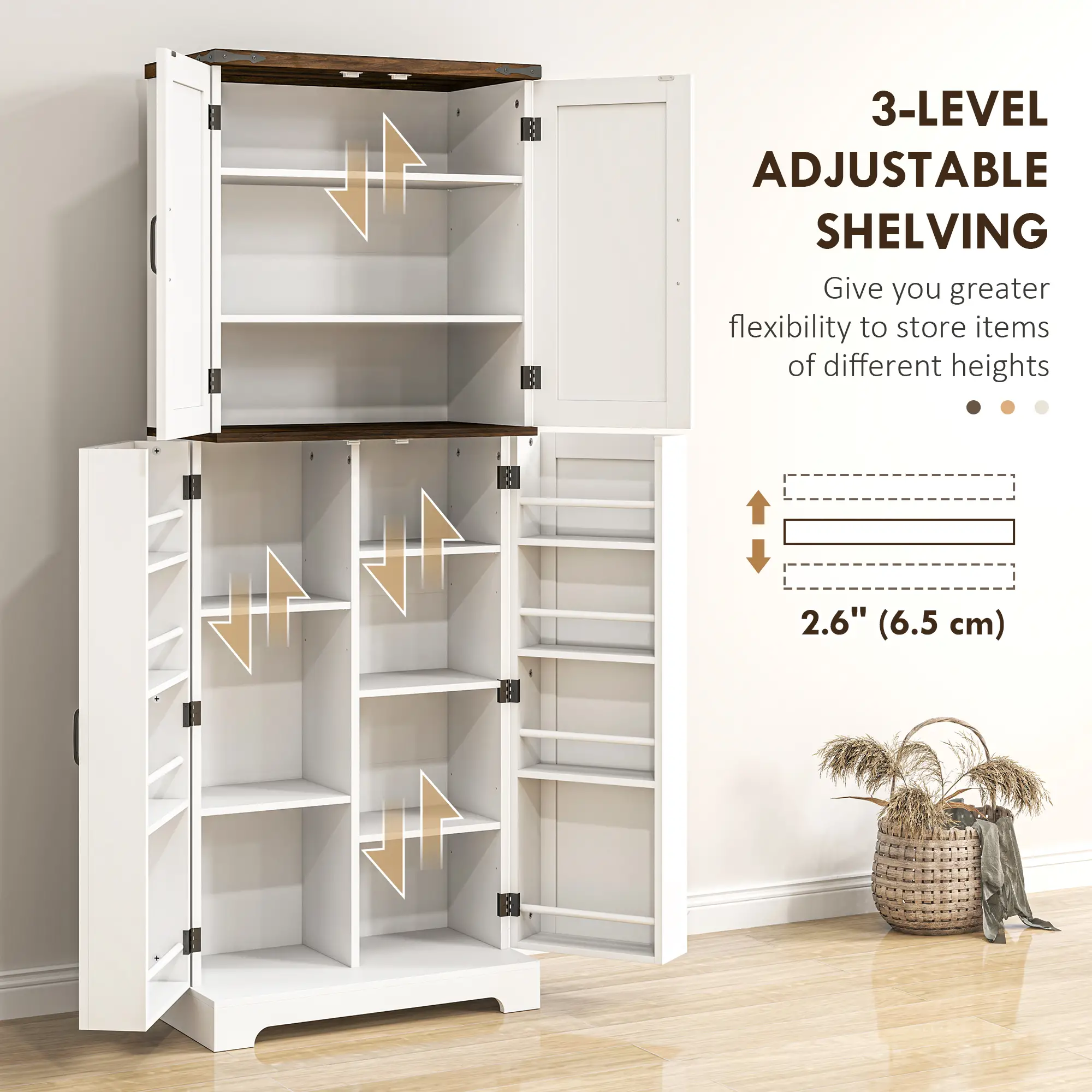 64" Tall Kitchen Pantry Cabinet, Adjustable Shelves, White - Image 5