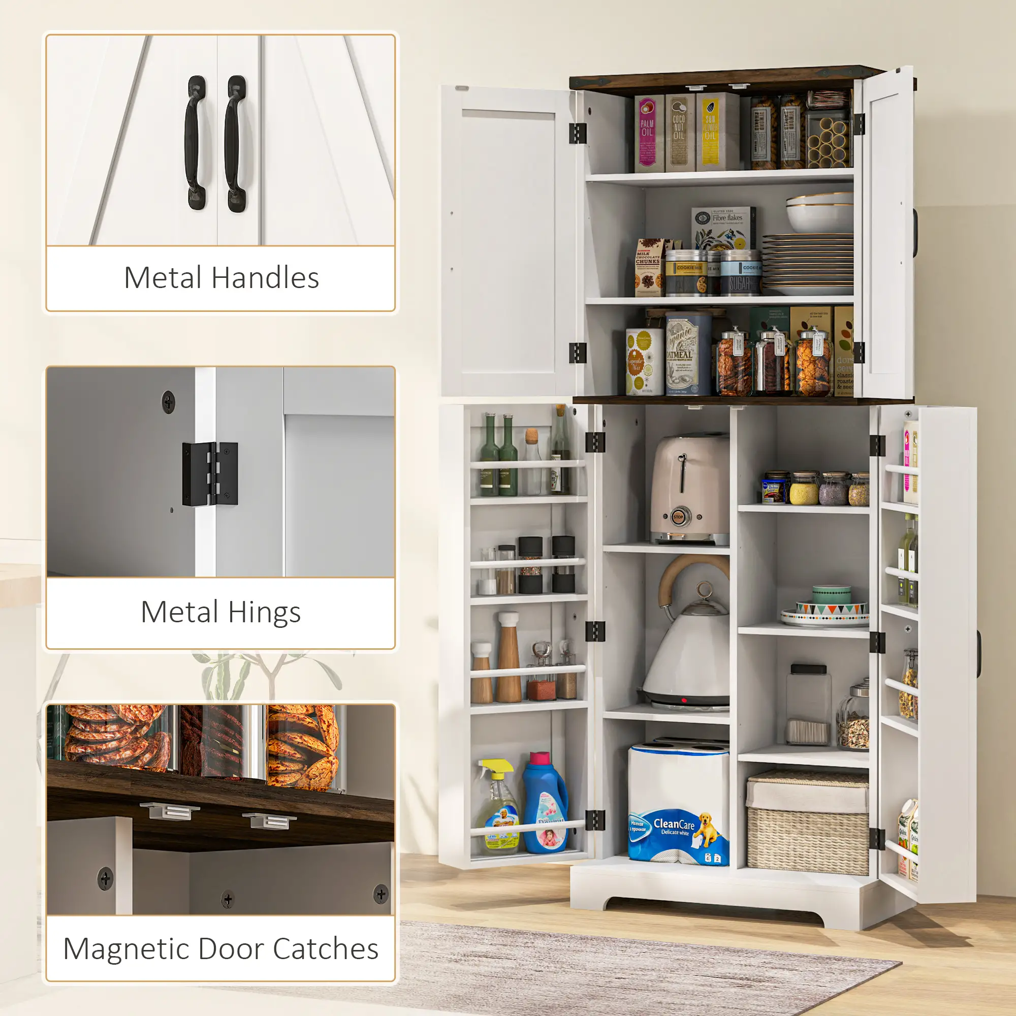 64" Tall Kitchen Pantry Cabinet, Adjustable Shelves, White - Image 7