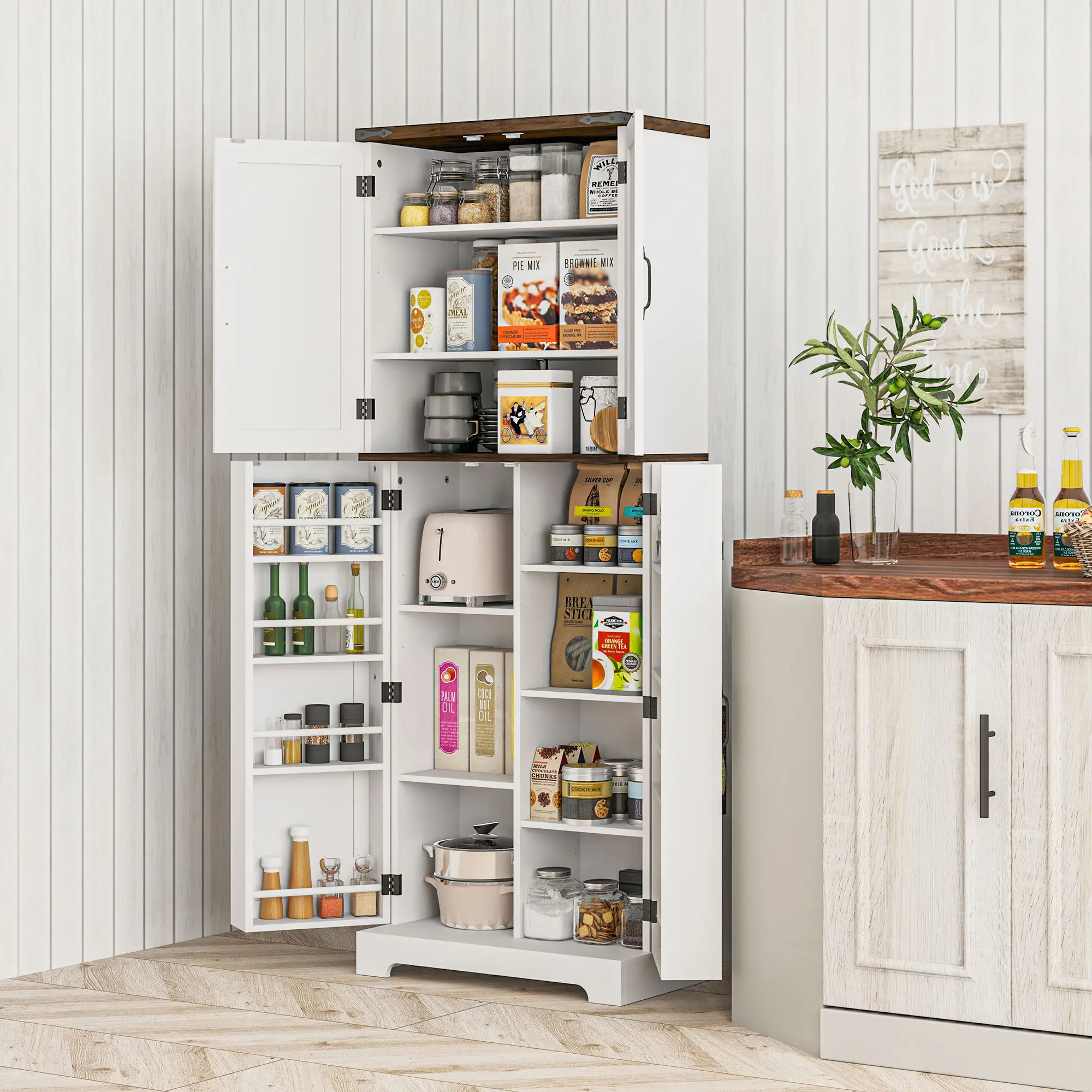 64" Tall Kitchen Pantry Cabinet, Adjustable Shelves, White - Image 8