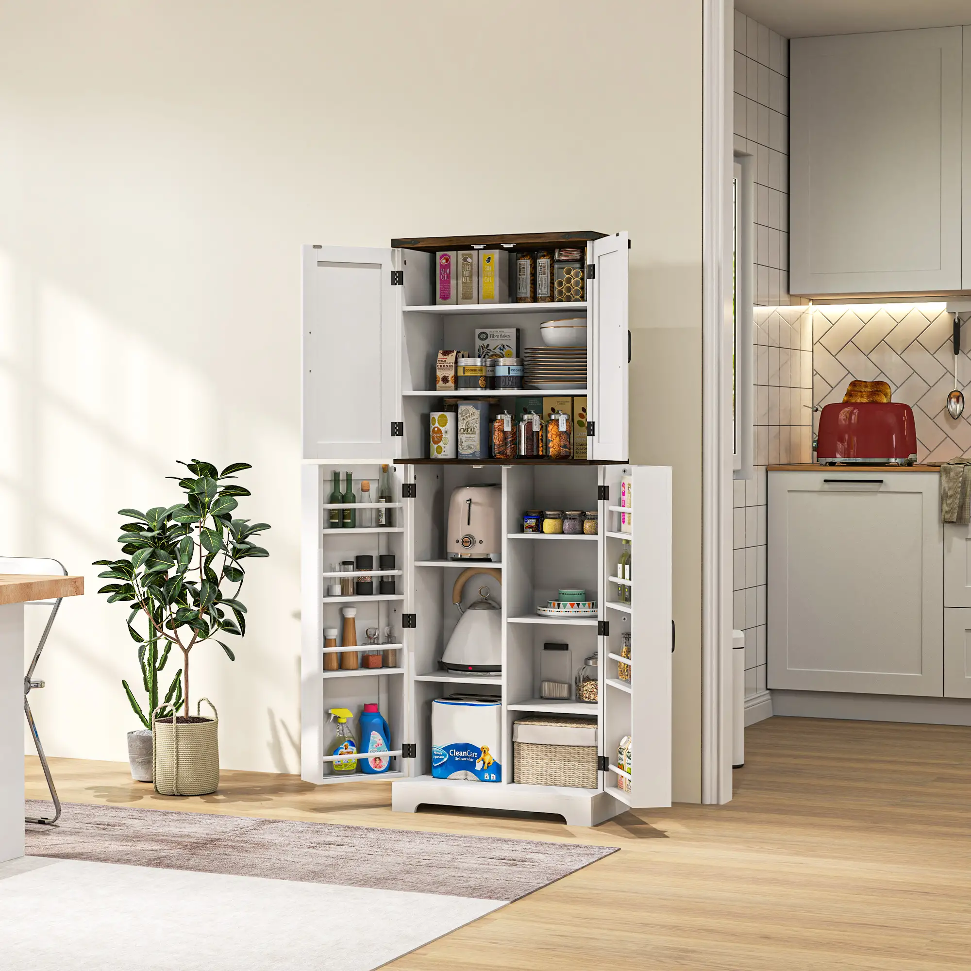 64" Tall Kitchen Pantry Cabinet, Adjustable Shelves, White - Image 9