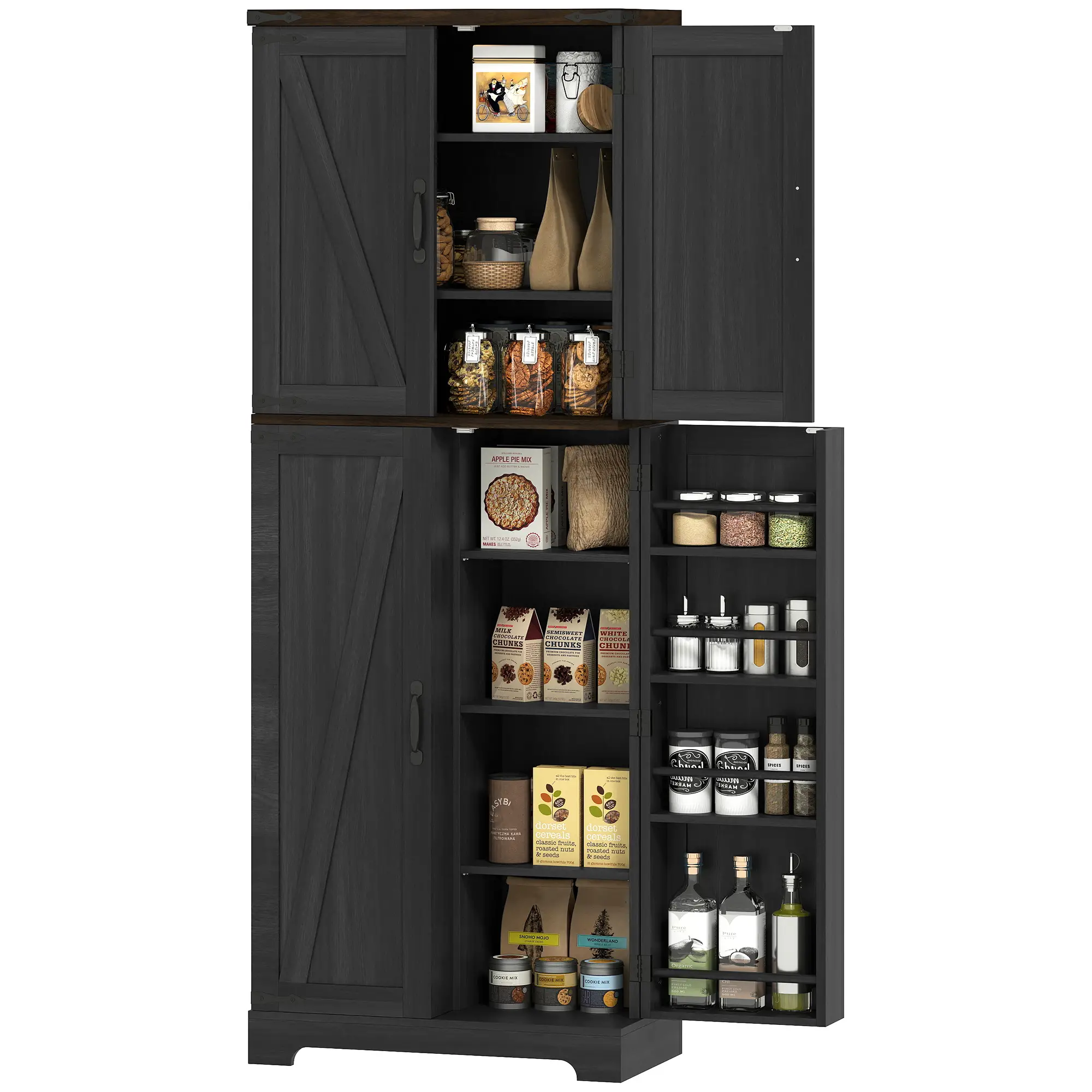 64" Tall Kitchen Pantry Cabinet, Spice Racks, Adjustable Shelves, Black