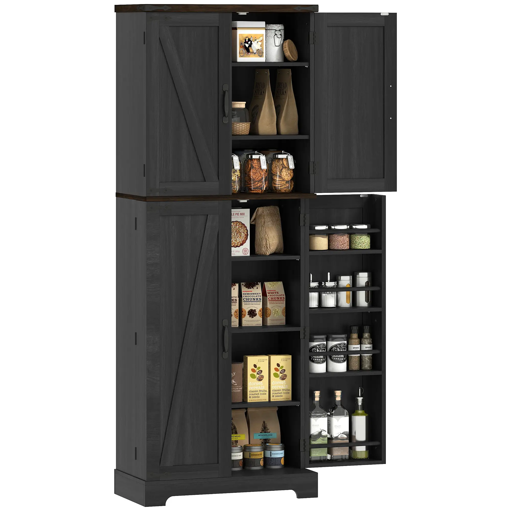 64" Tall Kitchen Pantry Cabinet, Spice Racks, Adjustable Shelves, Black - Image 11