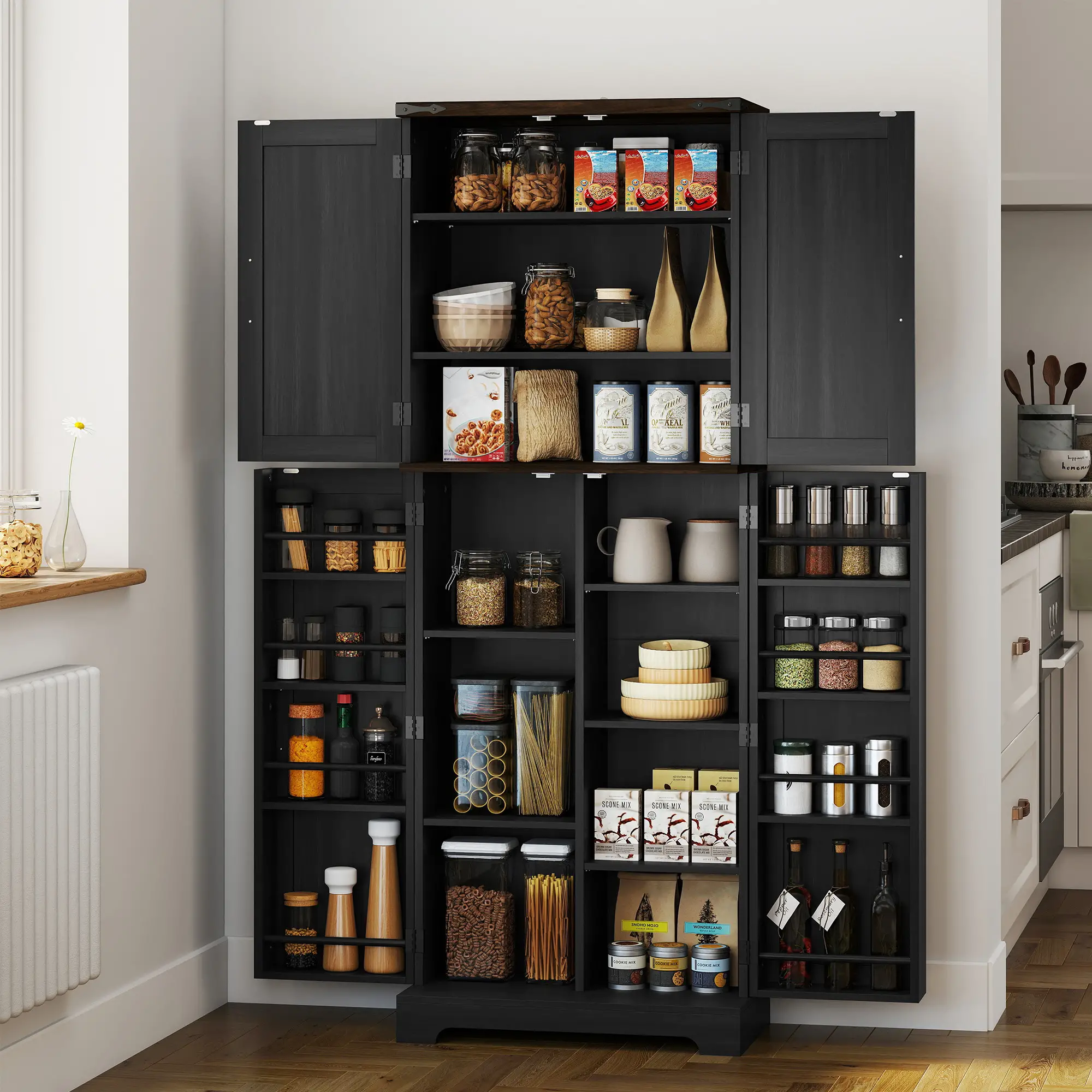 64" Tall Kitchen Pantry Cabinet, Spice Racks, Adjustable Shelves, Black - Image 2