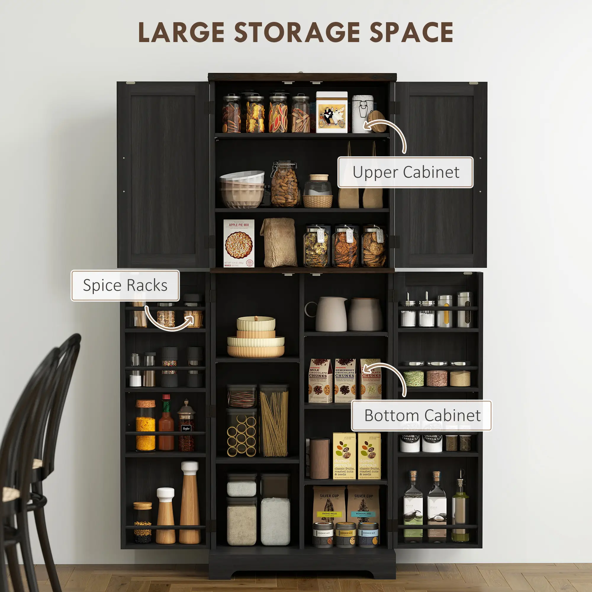 64" Tall Kitchen Pantry Cabinet, Spice Racks, Adjustable Shelves, Black - Image 4