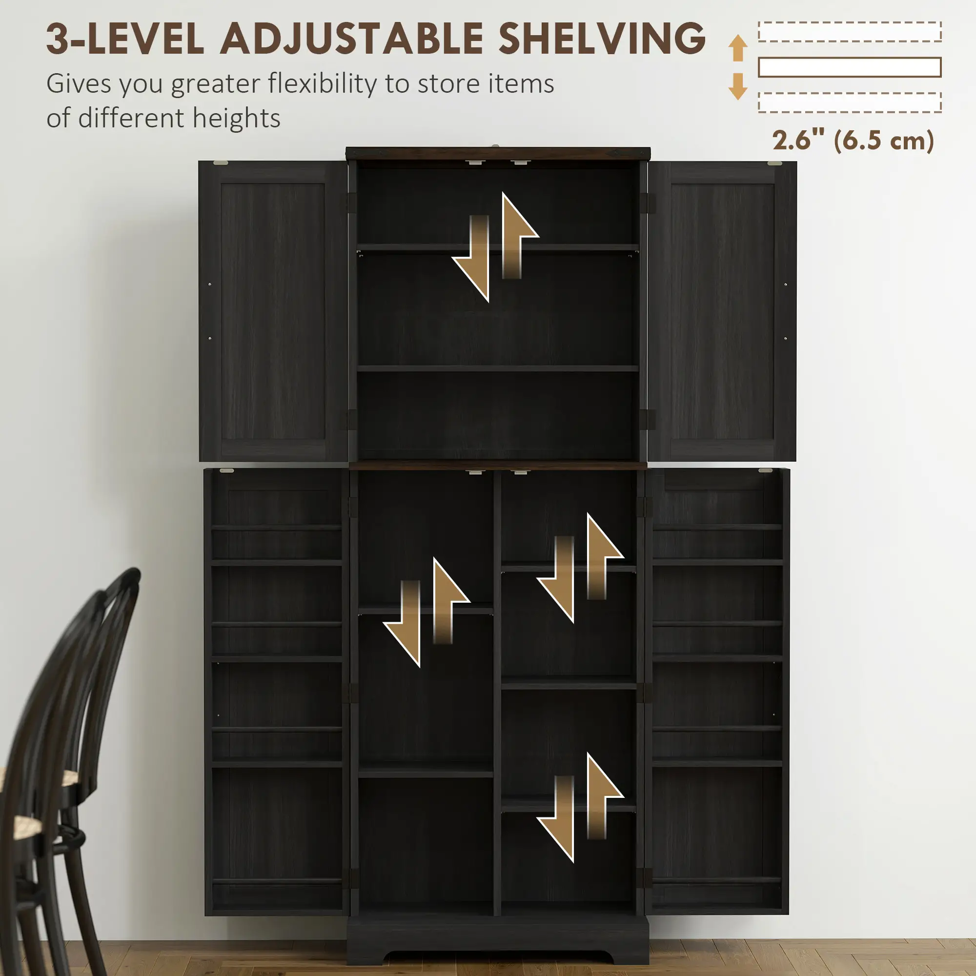 64" Tall Kitchen Pantry Cabinet, Spice Racks, Adjustable Shelves, Black - Image 5