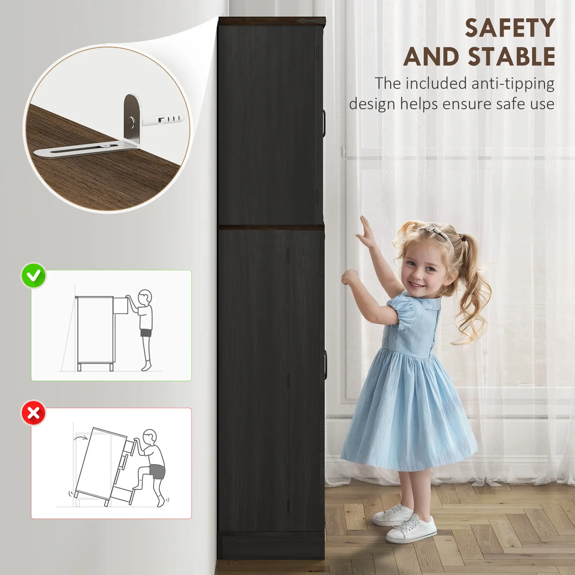 64" Tall Kitchen Pantry Cabinet, Spice Racks, Adjustable Shelves, Black - Image 6
