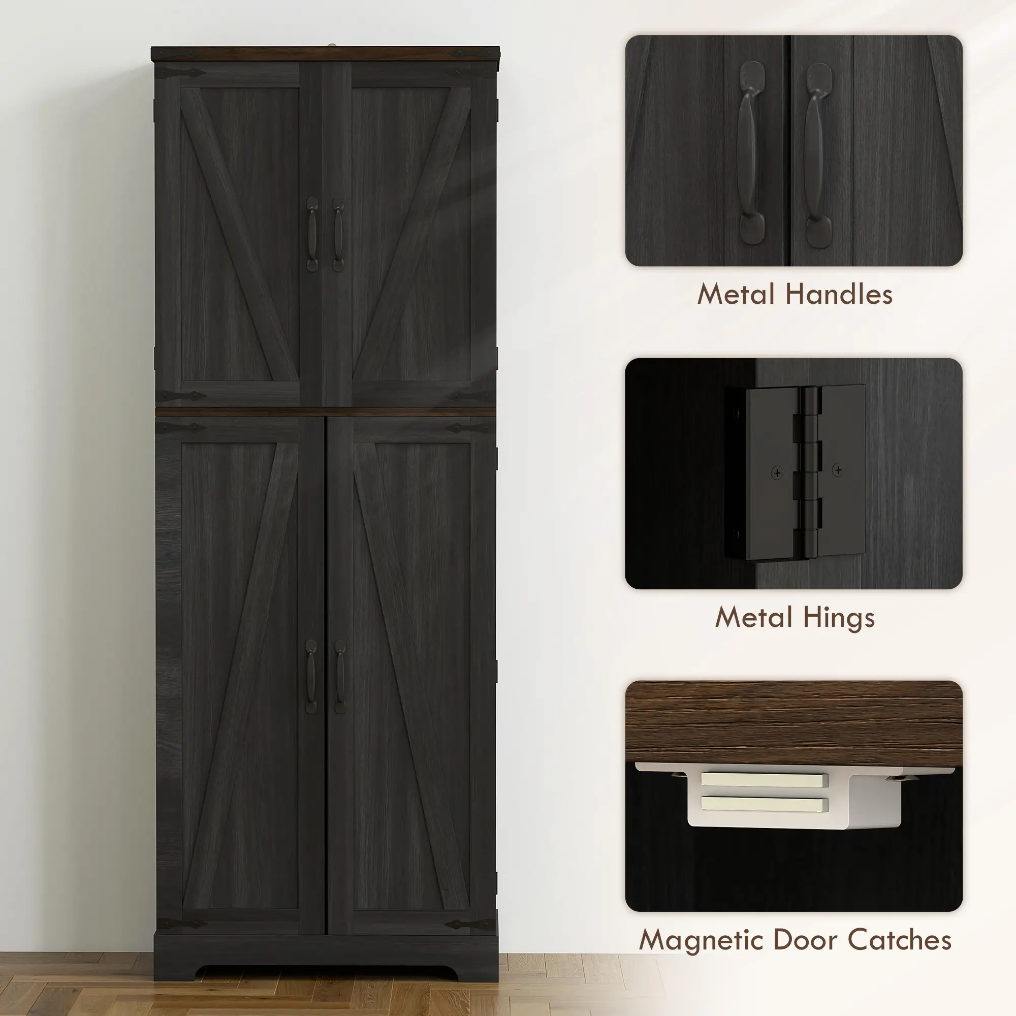 64" Tall Kitchen Pantry Cabinet, Spice Racks, Adjustable Shelves, Black - Image 7