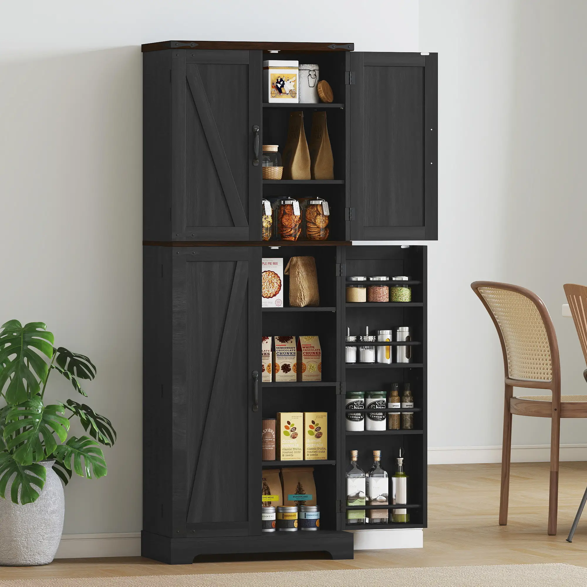 64" Tall Kitchen Pantry Cabinet, Spice Racks, Adjustable Shelves, Black - Image 8