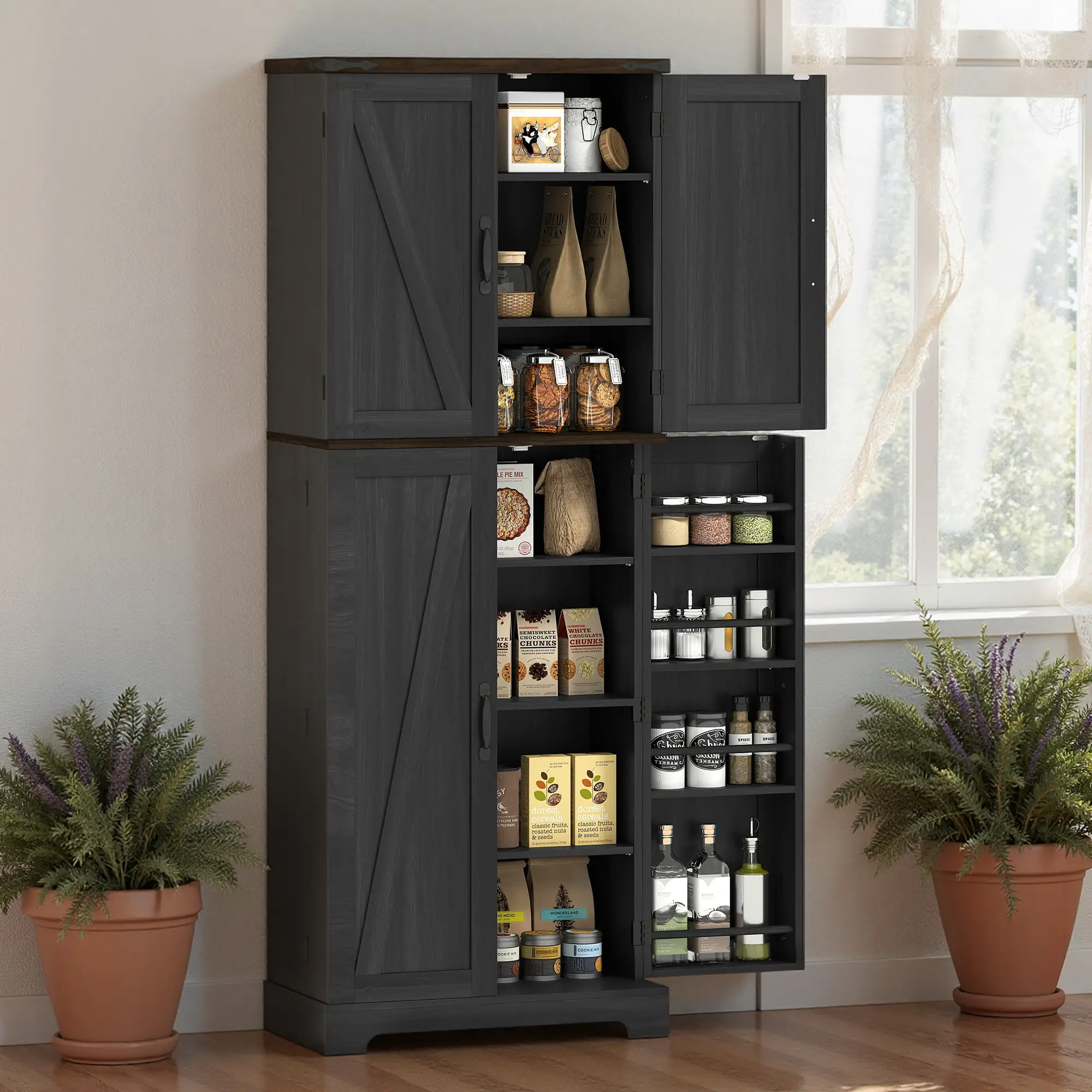 64" Tall Kitchen Pantry Cabinet, Spice Racks, Adjustable Shelves, Black - Image 9