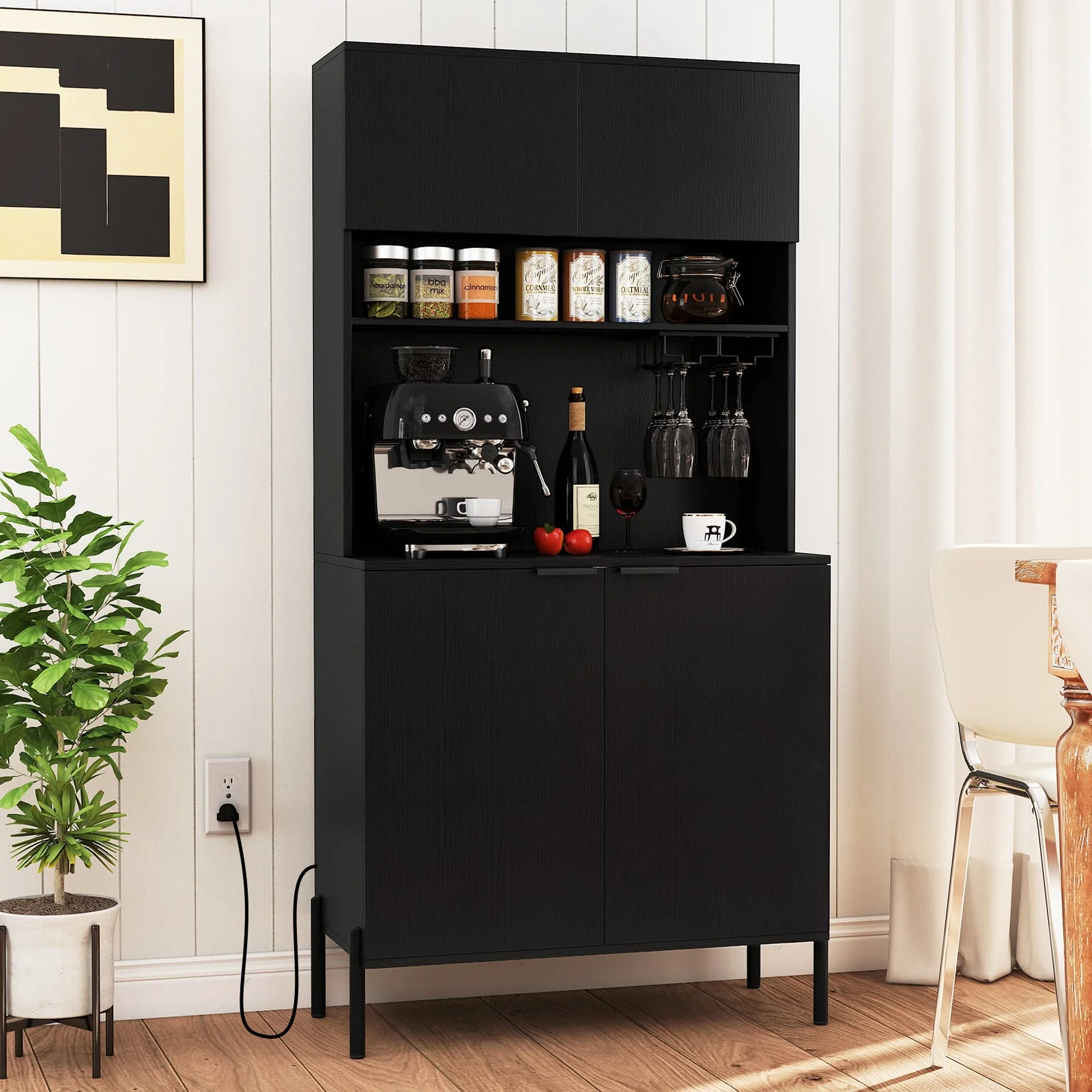 64.5 Inches Tall Kitchen Pantry Cabinet with Charging Station and Wine Glass Rack, Black - Image 2