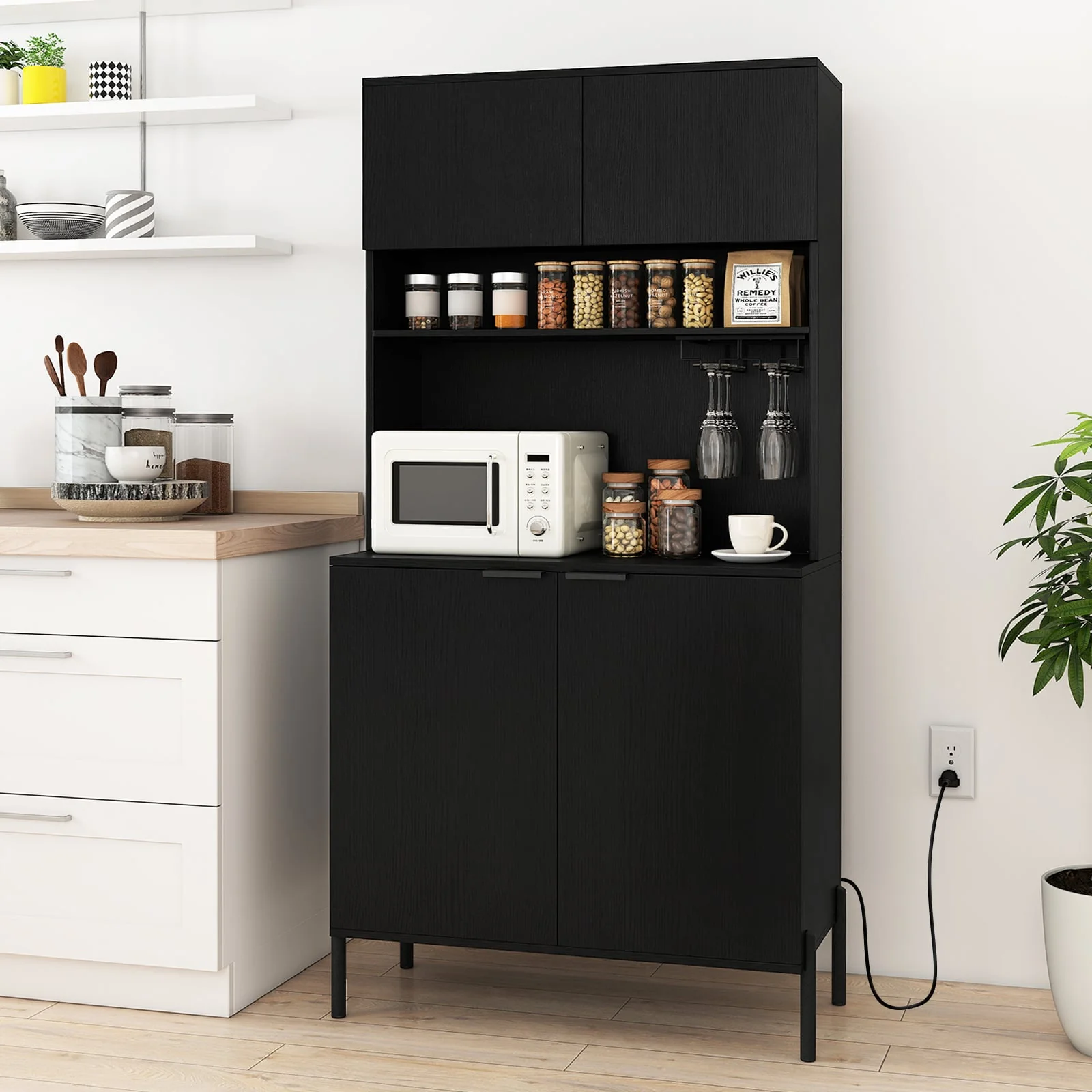 64.5 Inches Tall Kitchen Pantry Cabinet with Charging Station and Wine Glass Rack, Black - Image 3
