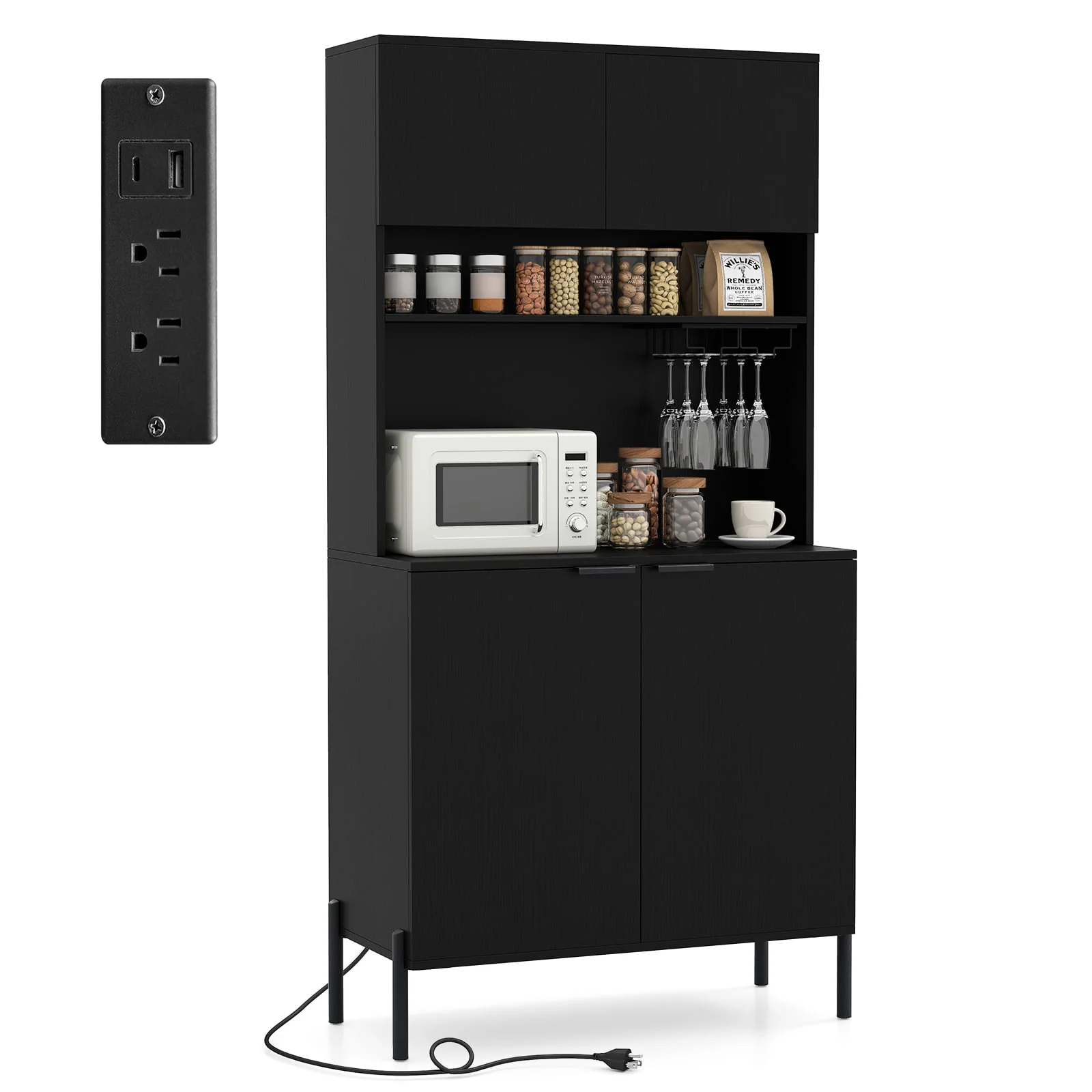 64.5 Inches Tall Kitchen Pantry Cabinet with Charging Station and Wine Glass Rack, Black - Image 4