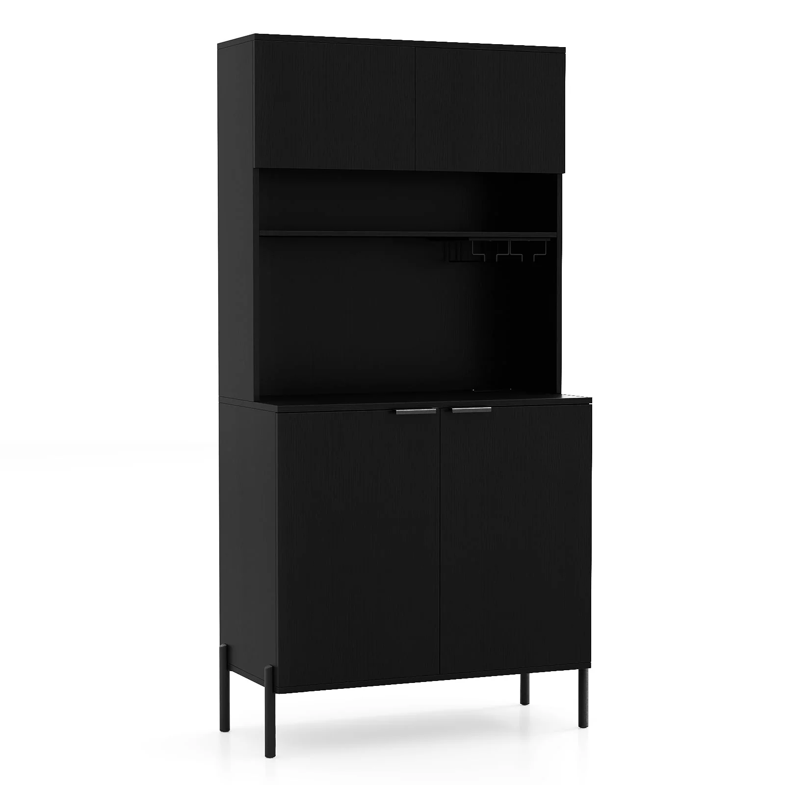64.5 Inches Tall Kitchen Pantry Cabinet with Charging Station and Wine Glass Rack, Black - Image 5
