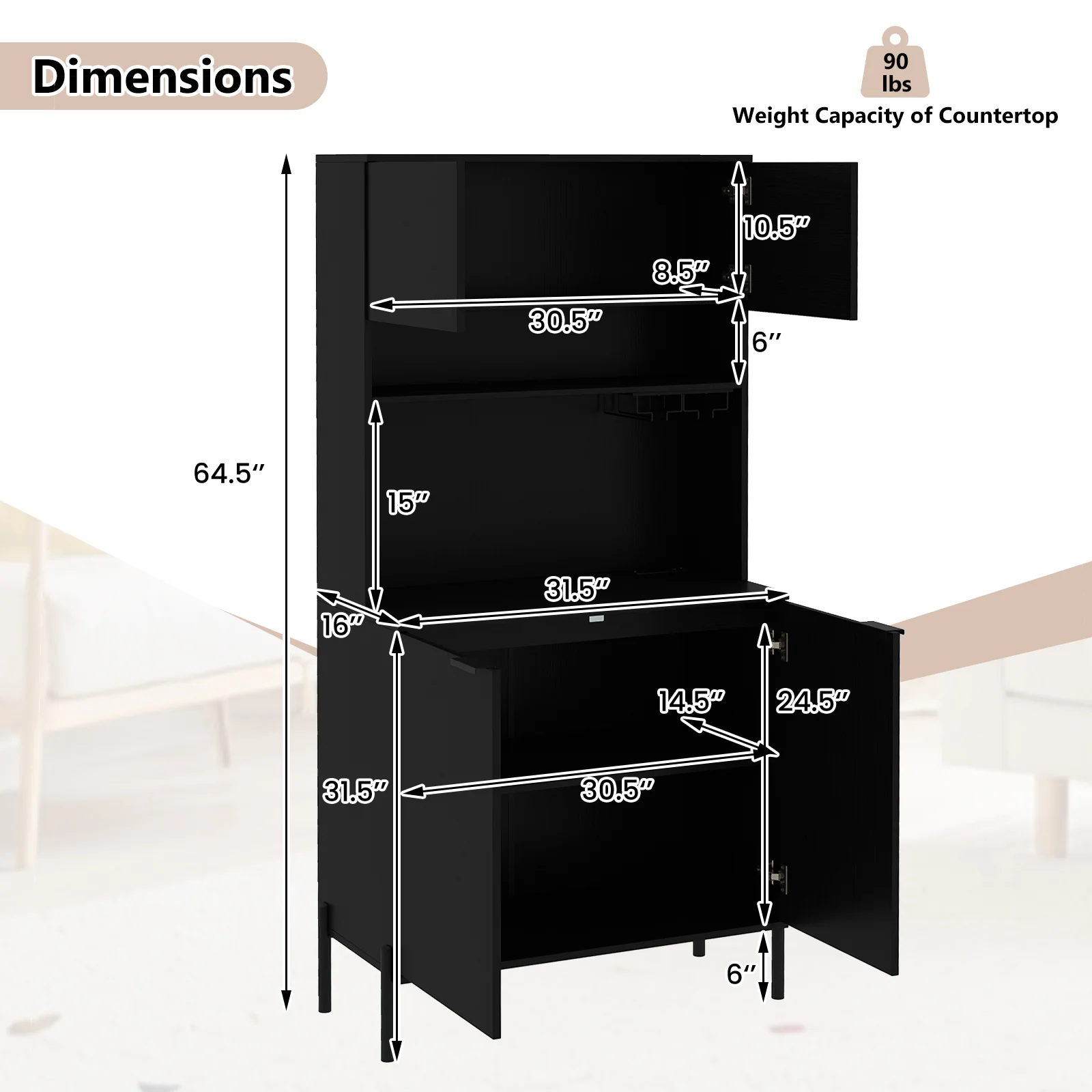 64.5 Inches Tall Kitchen Pantry Cabinet with Charging Station and Wine Glass Rack, Black - Image 6