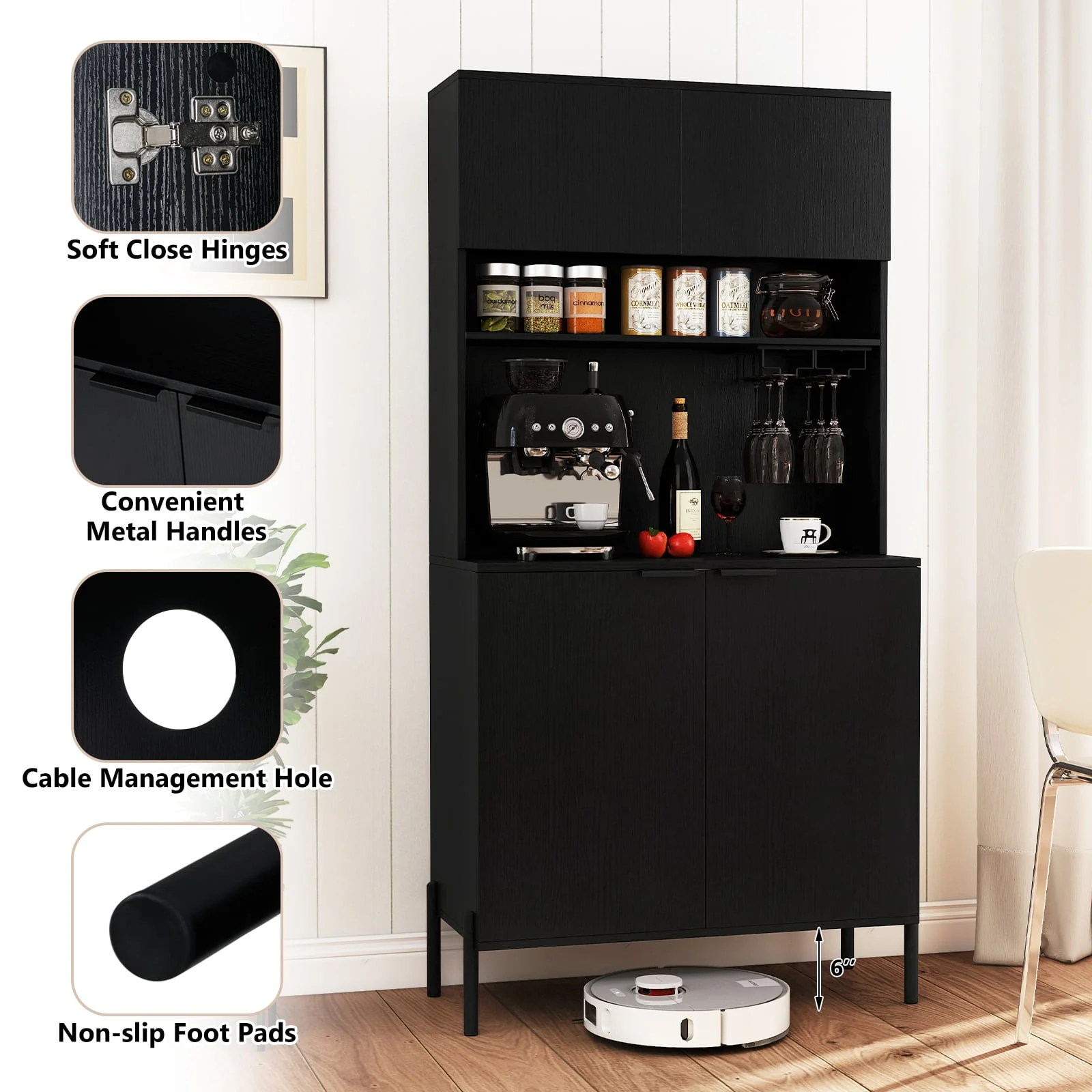 64.5 Inches Tall Kitchen Pantry Cabinet with Charging Station and Wine Glass Rack, Black - Image 7