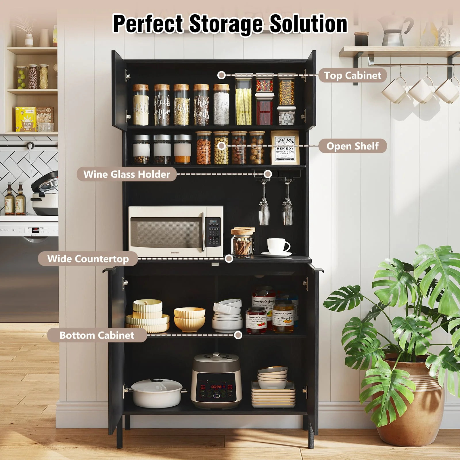 64.5 Inches Tall Kitchen Pantry Cabinet with Charging Station and Wine Glass Rack, Black - Image 8