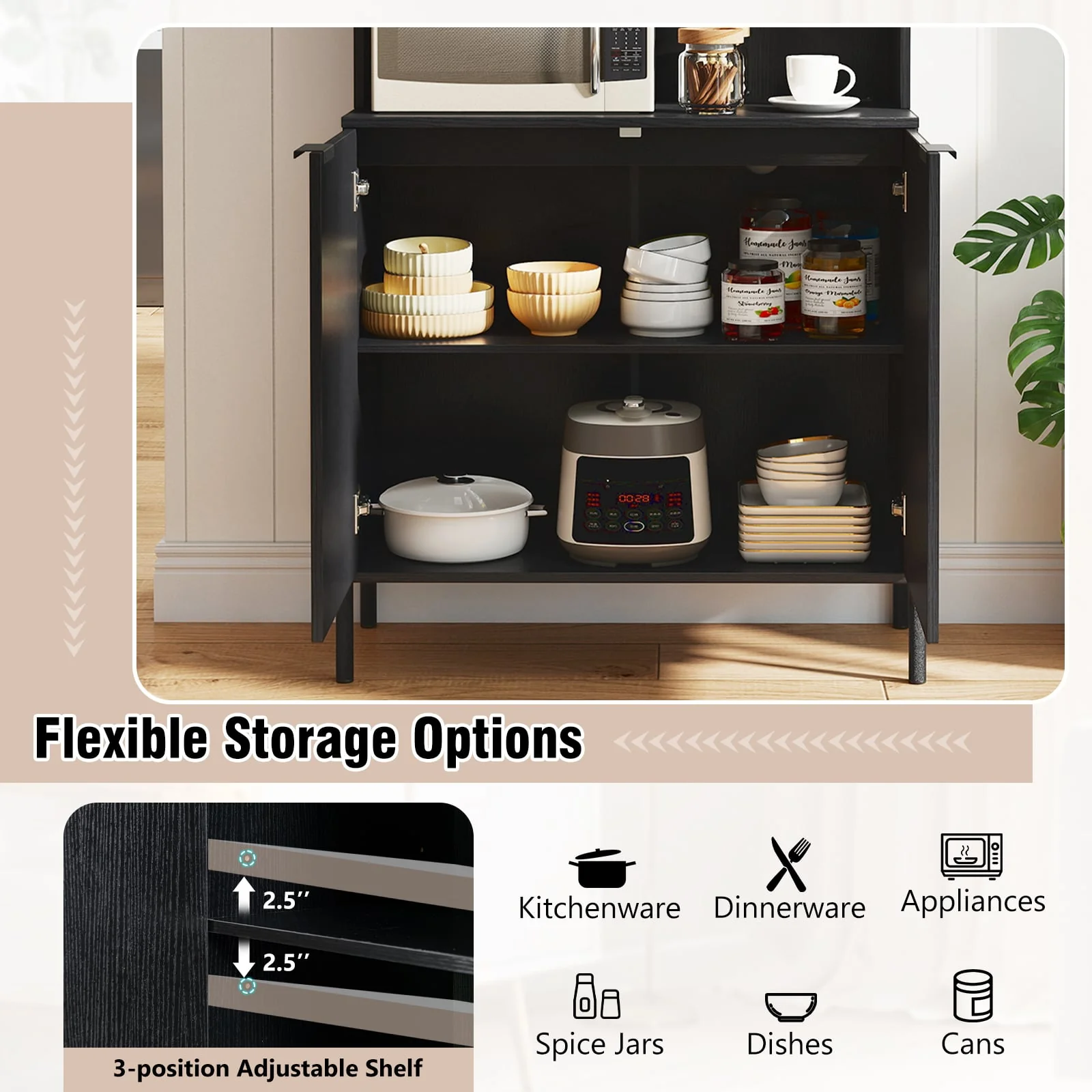64.5 Inches Tall Kitchen Pantry Cabinet with Charging Station and Wine Glass Rack, Black - Image 9
