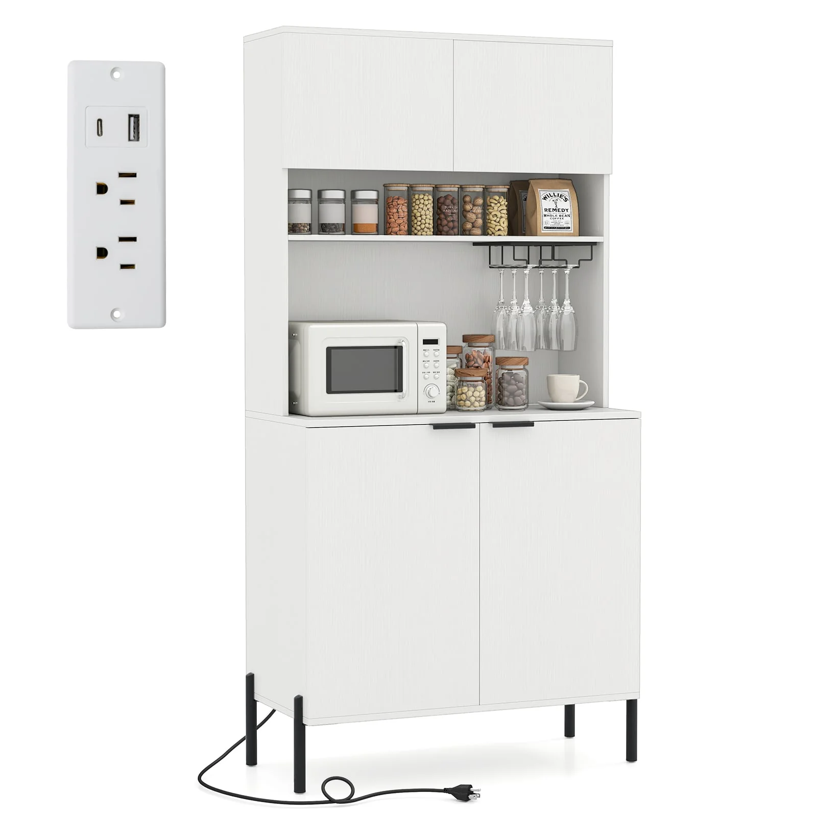 64.5 Inches Tall Kitchen Pantry Cabinet with Charging Station and Wine Glass Rack, White