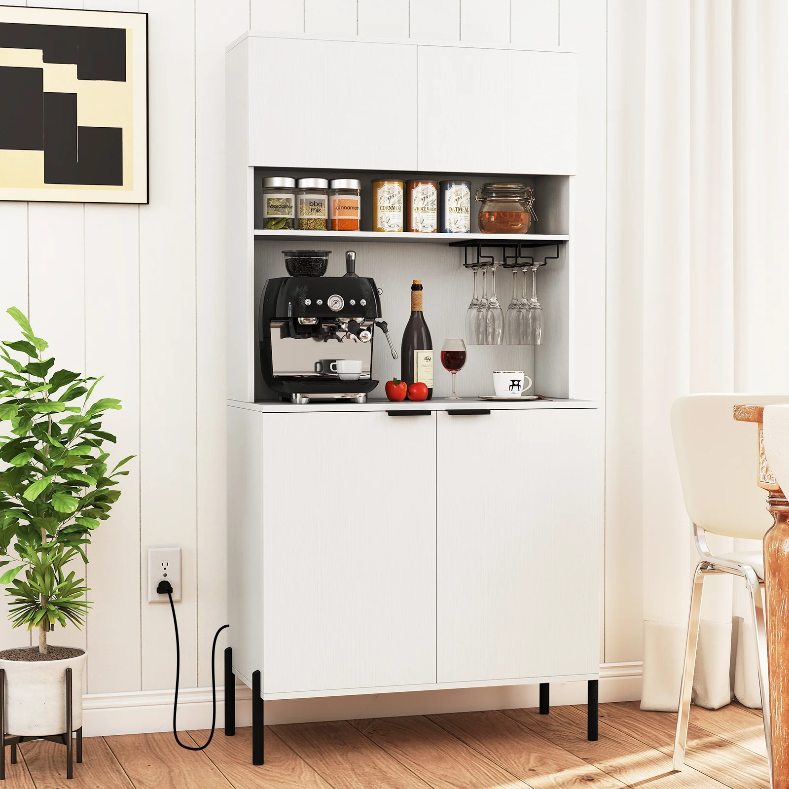 64.5 Inches Tall Kitchen Pantry Cabinet with Charging Station and Wine Glass Rack, White - Image 2