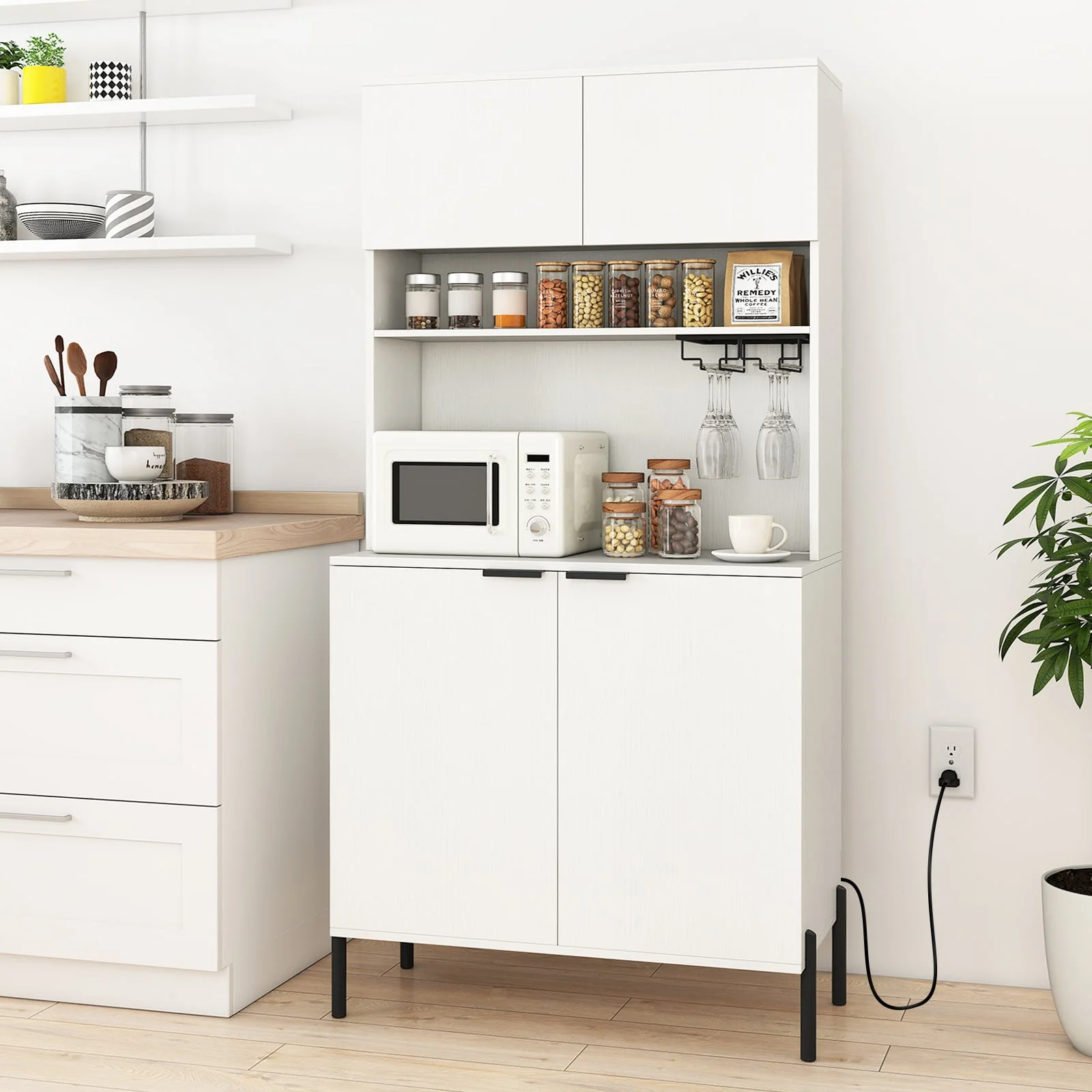 64.5 Inches Tall Kitchen Pantry Cabinet with Charging Station and Wine Glass Rack, White - Image 3