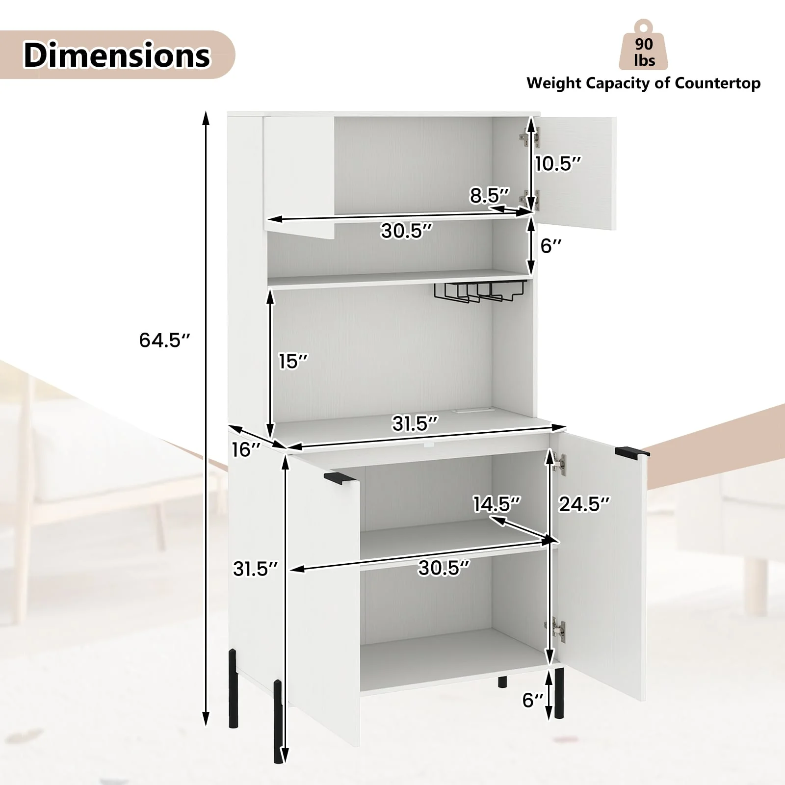 64.5 Inches Tall Kitchen Pantry Cabinet with Charging Station and Wine Glass Rack, White - Image 6