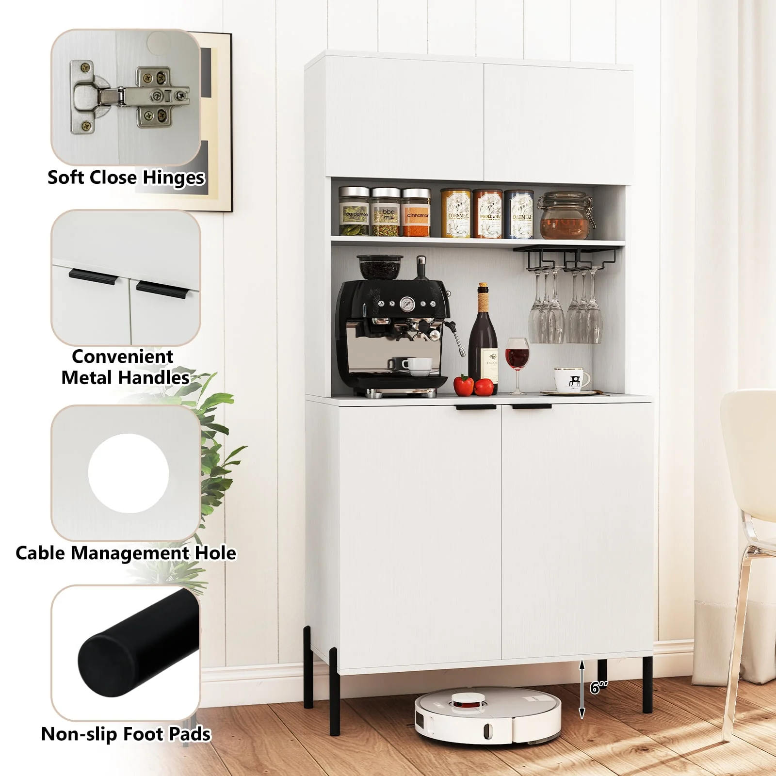 64.5 Inches Tall Kitchen Pantry Cabinet with Charging Station and Wine Glass Rack, White - Image 7