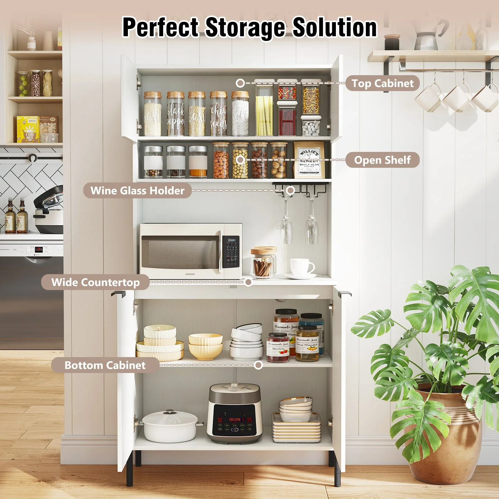 64.5 Inches Tall Kitchen Pantry Cabinet with Charging Station and Wine Glass Rack, White - Image 8