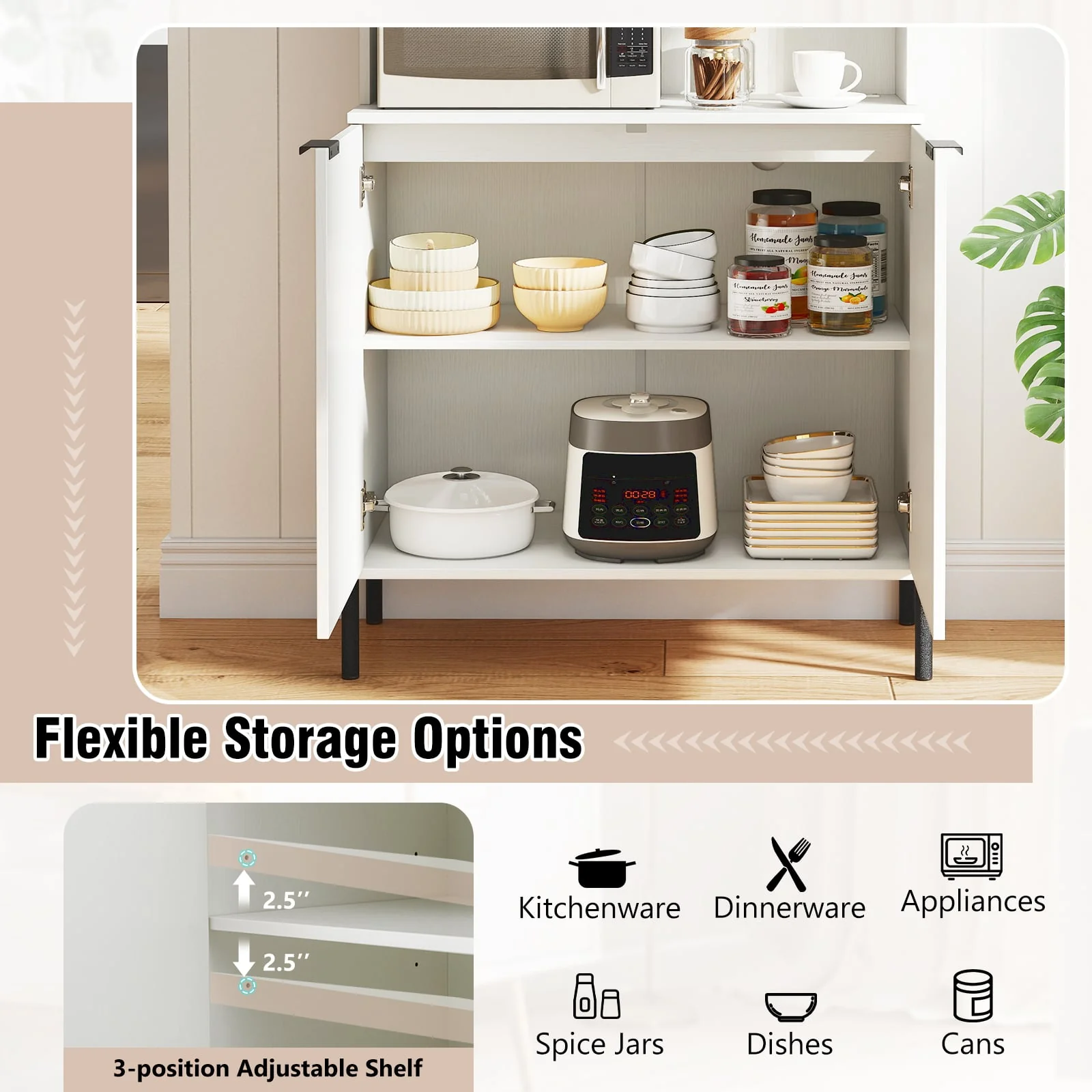64.5 Inches Tall Kitchen Pantry Cabinet with Charging Station and Wine Glass Rack, White - Image 9
