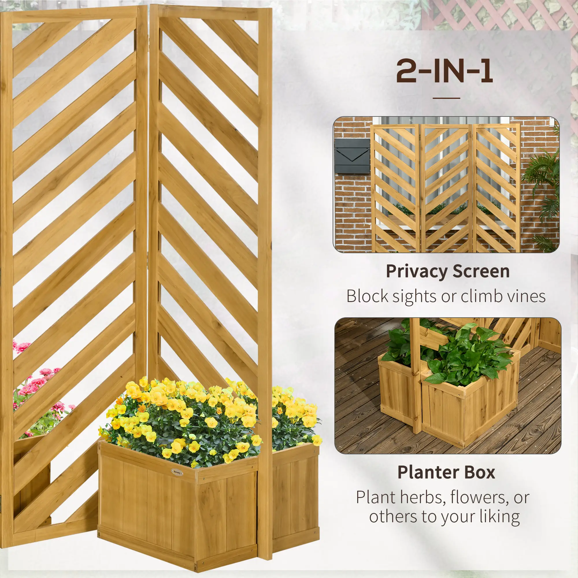 65" Folding Privacy Screen With Planters, For Patio Deck, Brown - Image 4