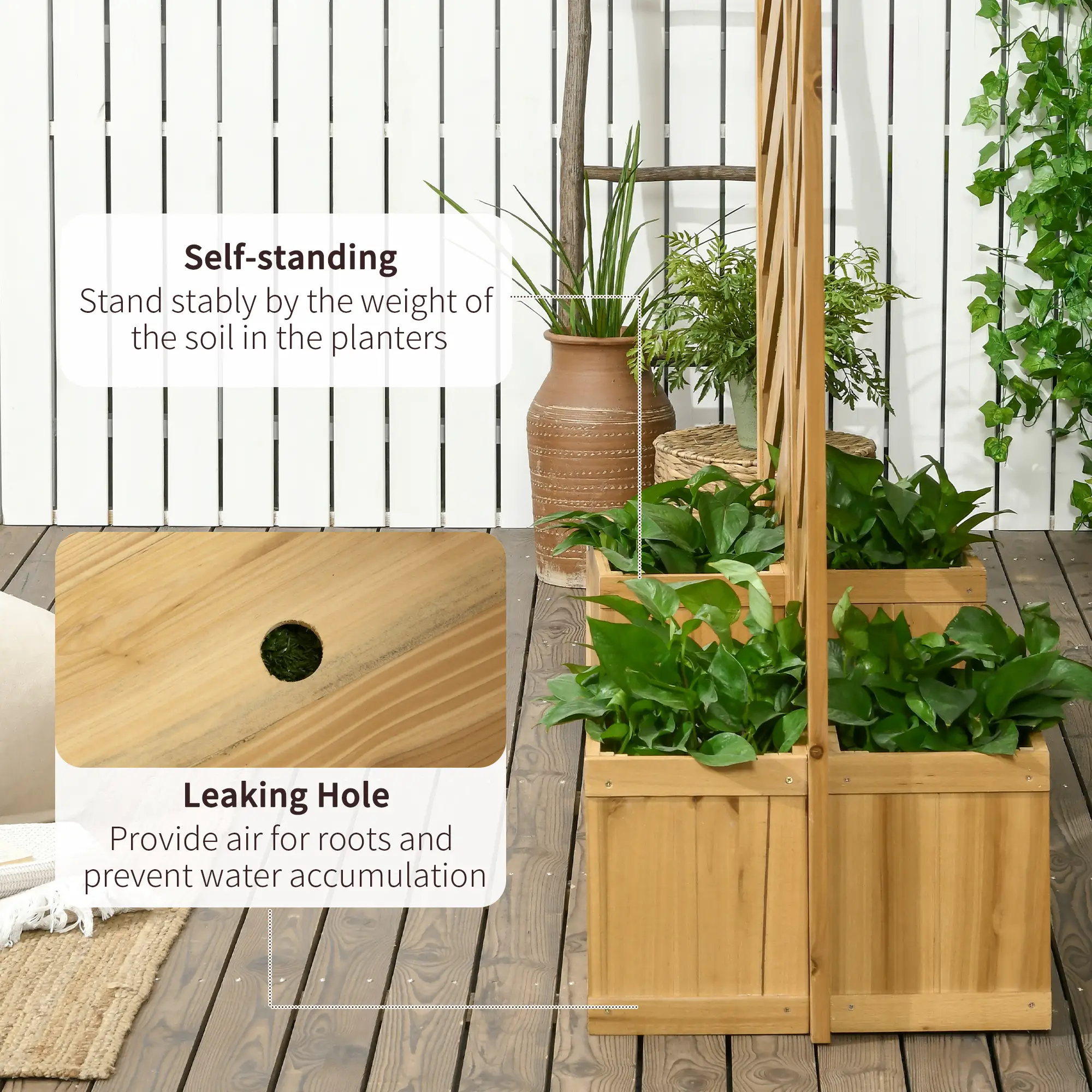 65" Folding Privacy Screen With Planters, For Patio Deck, Brown - Image 6