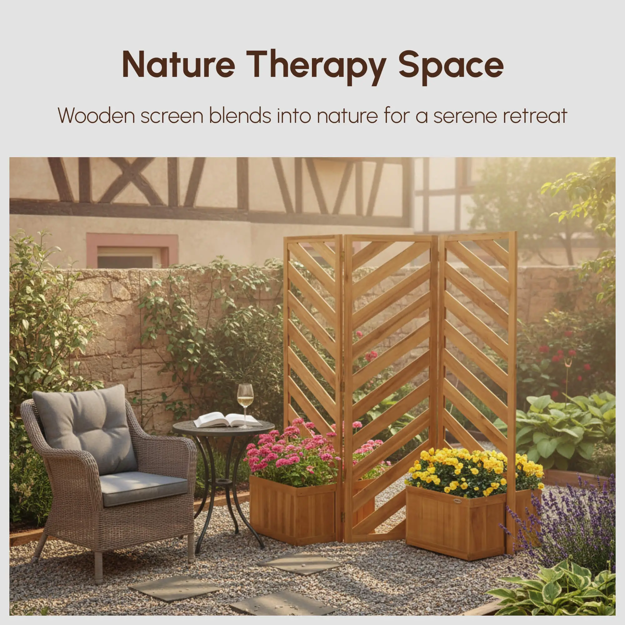 65" Folding Privacy Screen With Planters, For Patio Deck, Brown - Image 8