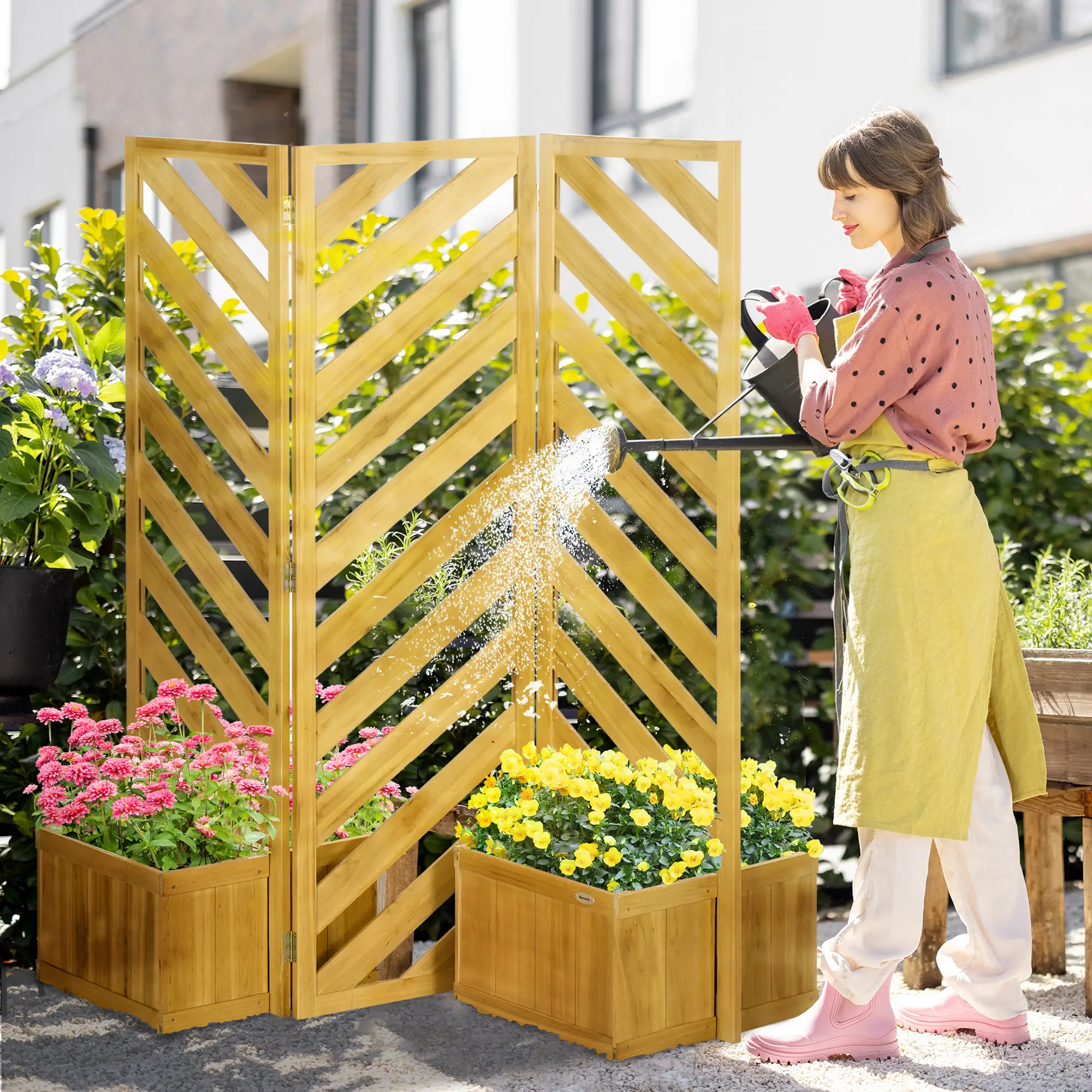 65" Folding Privacy Screen With Planters, For Patio Deck, Brown - Image 9