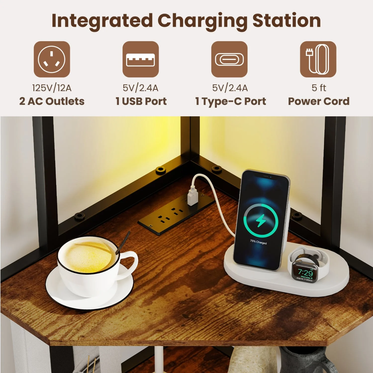 65-Inch 6-Tier Corner Shelf With Charging Station & Ambience Light - Image 6