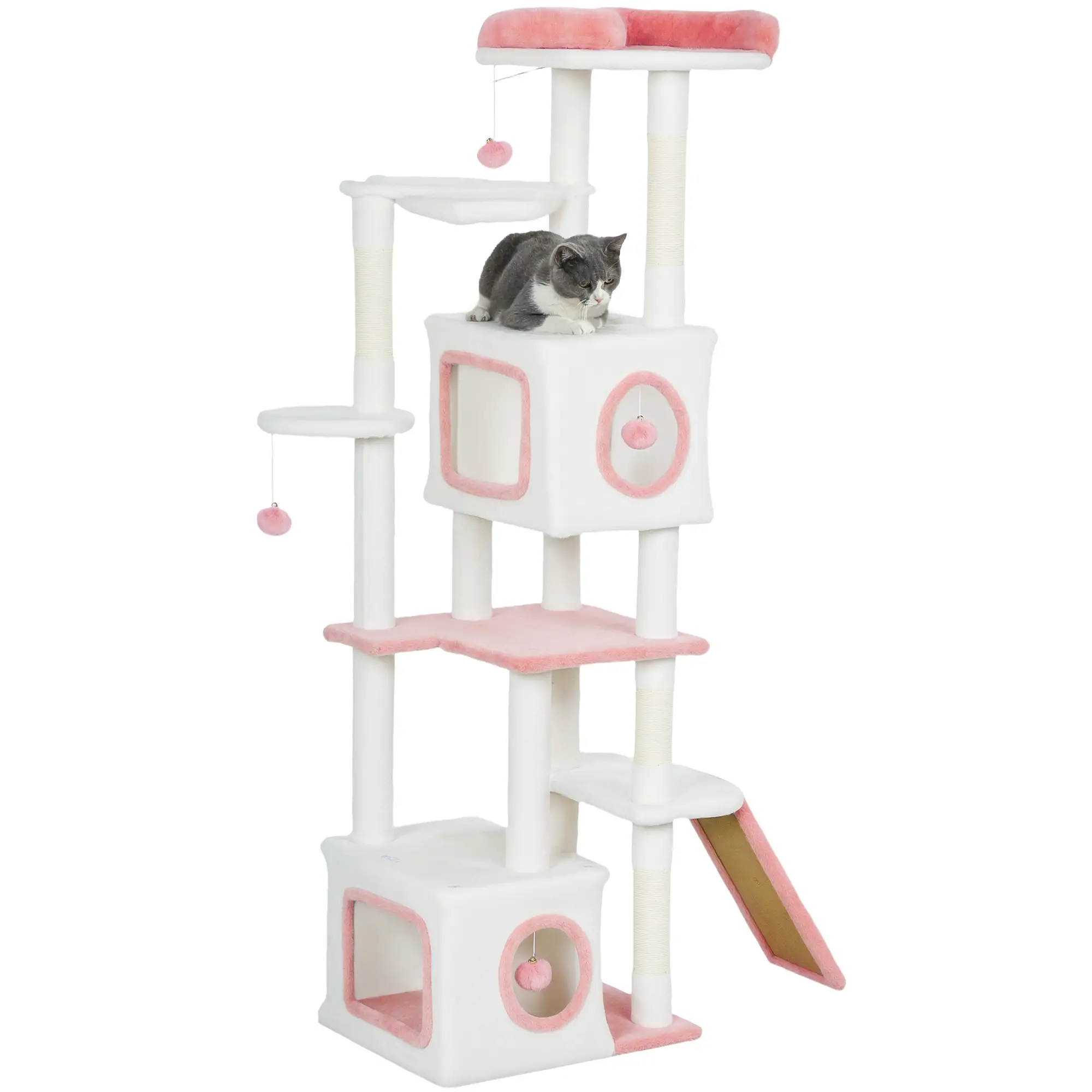 65 Inch Cat Tree, 2 Condos, Perch, Hammock, Scratching Posts, White - Image 11