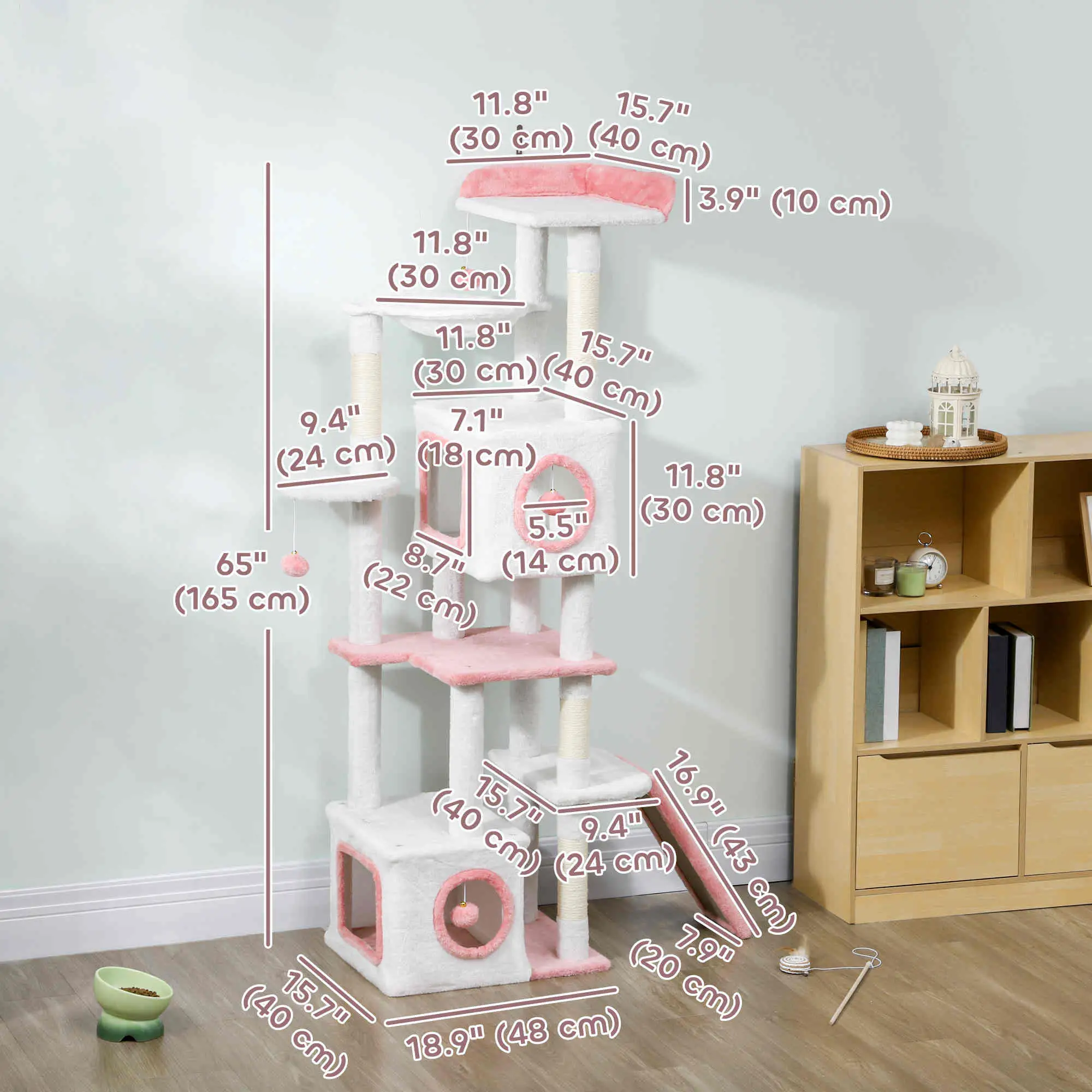 65 Inch Cat Tree, 2 Condos, Perch, Hammock, Scratching Posts, White - Image 3