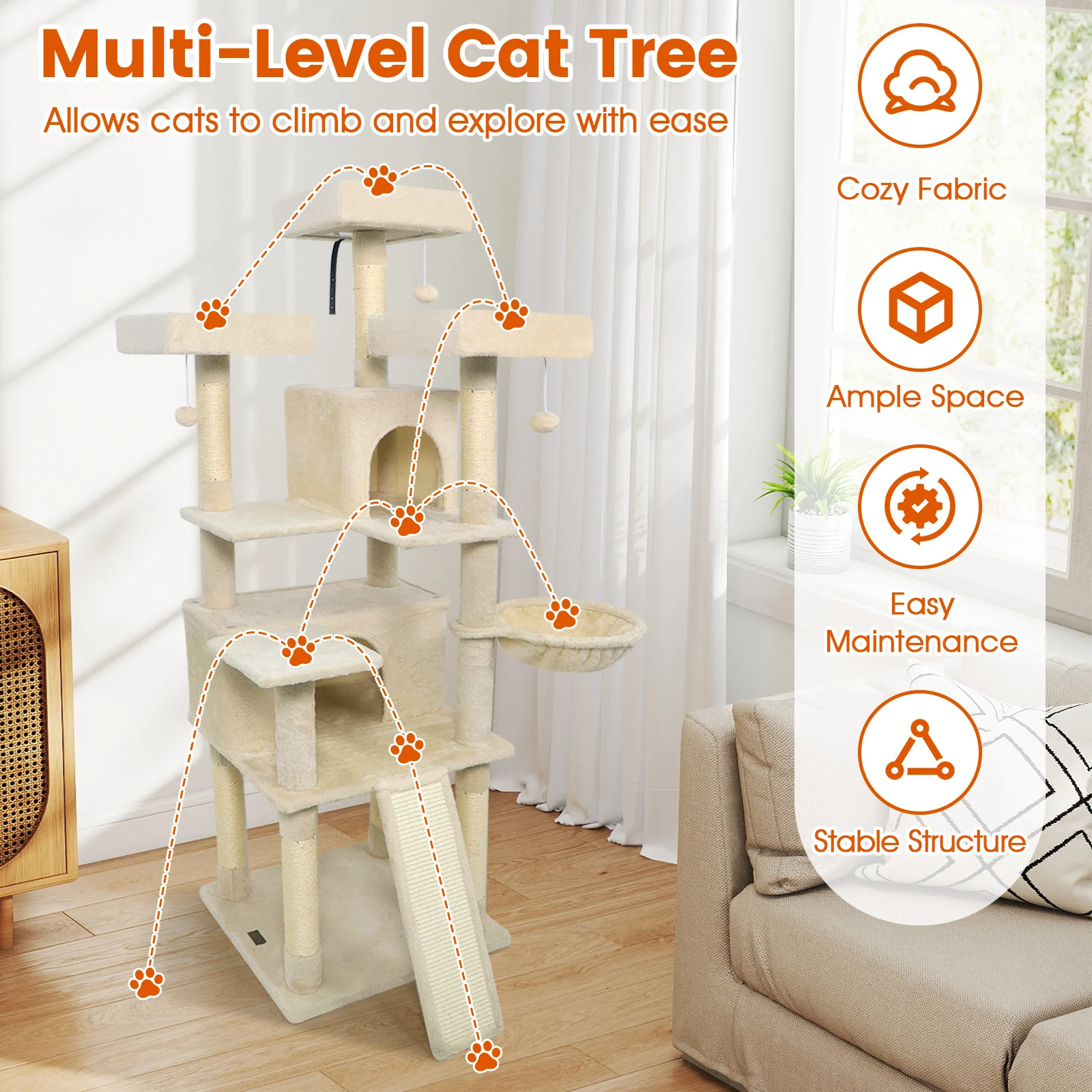 65 Inch Tall Multi-level Cat Tree with 3 Upholstered Perch and 2 Cat Condos, Beige - Image 10